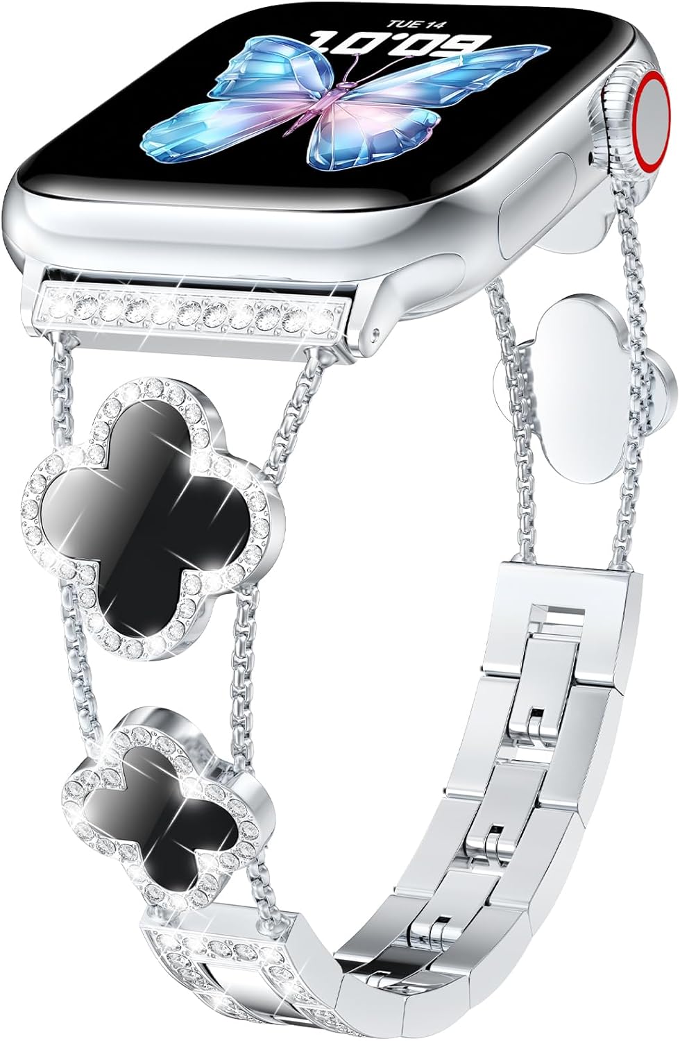 CTYBB Bling Diamond Band Compatible with Apple Watch Bands for Women 42mm 44mm 45mm 46mm Series 11 10 9 8 7 6 5 4 SE 3 2 1, Sparkle Metal Bracelet Wristband, Cute Lucky Clover Dressy iWatch Band,Silver/Black