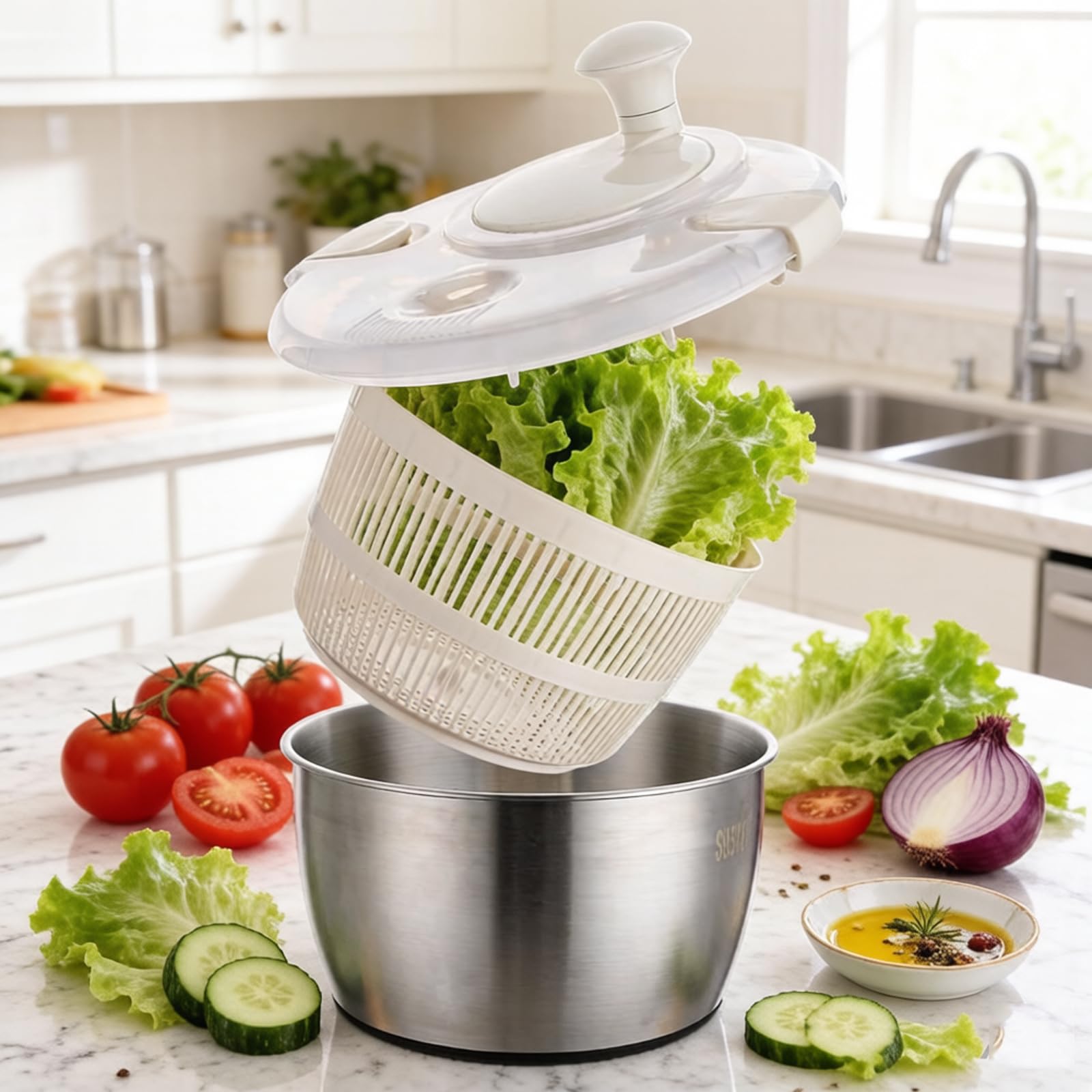 W&H Salatschleuder Edelstahl 5L,Salad Spinner mit Siebkorb und Drehdeckel,Spülmaschinengeeignet,BPA -frei Salatschleudern für Obst Gemüse Salat Zubereitung，Küchenhelfer Salatschleudern für Haushalt