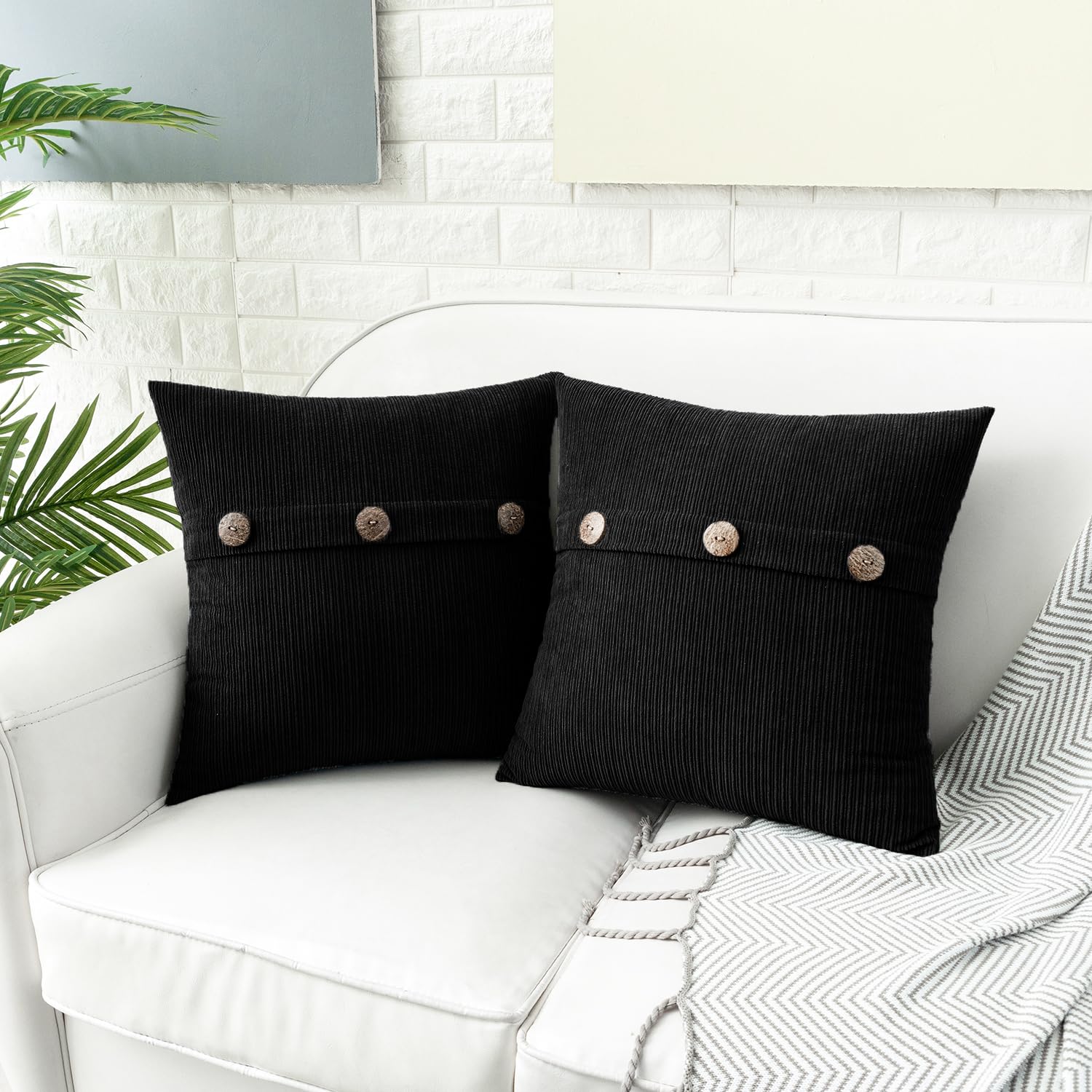 HWY 50 Black Chenille Cushion Covers 45cm x 45cm (18"x18") with Triple Buttons, Set of 2 - Image 2