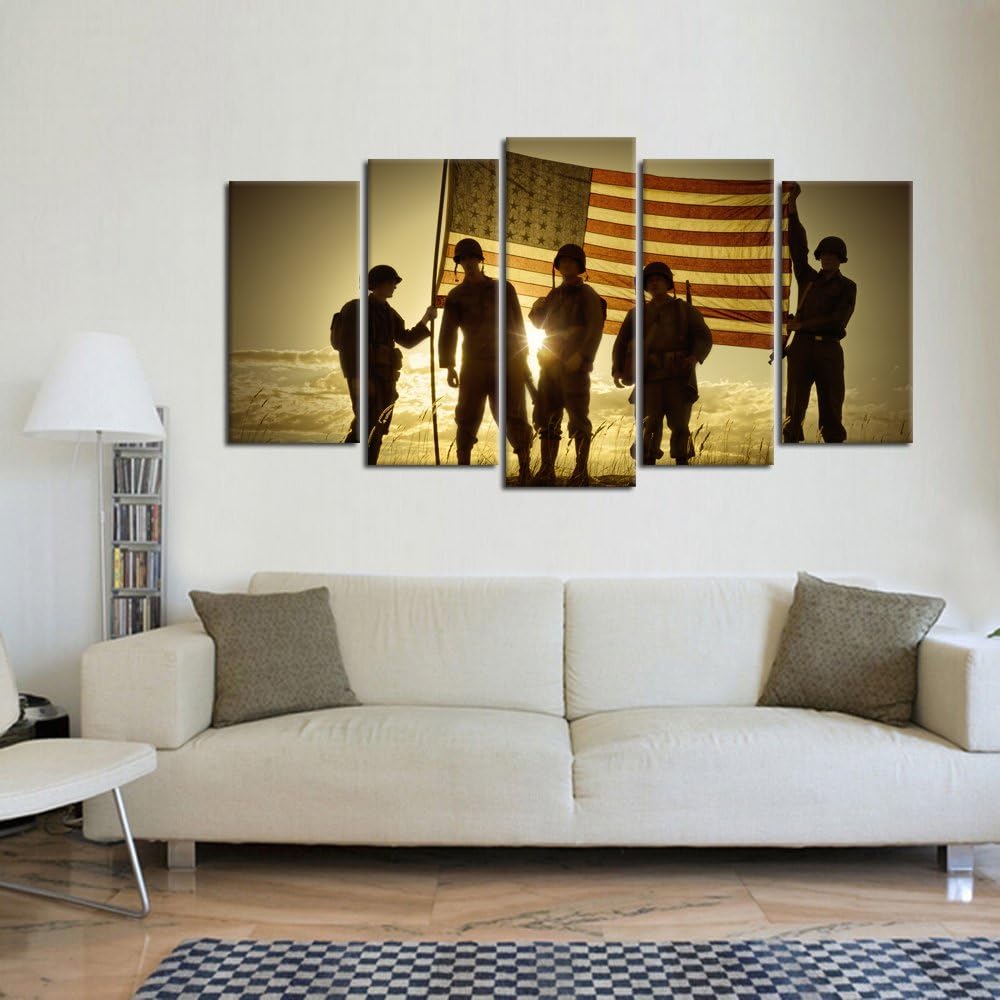 KREATIVE ARTS - 5 Panels Silhouette of Soldiers with American Flag Canvas Painting Print Wall Art Vintage Armed Forces on Sunset Pictures Giclee Artwork for Wall Decoration (Large Size 60x32inch)