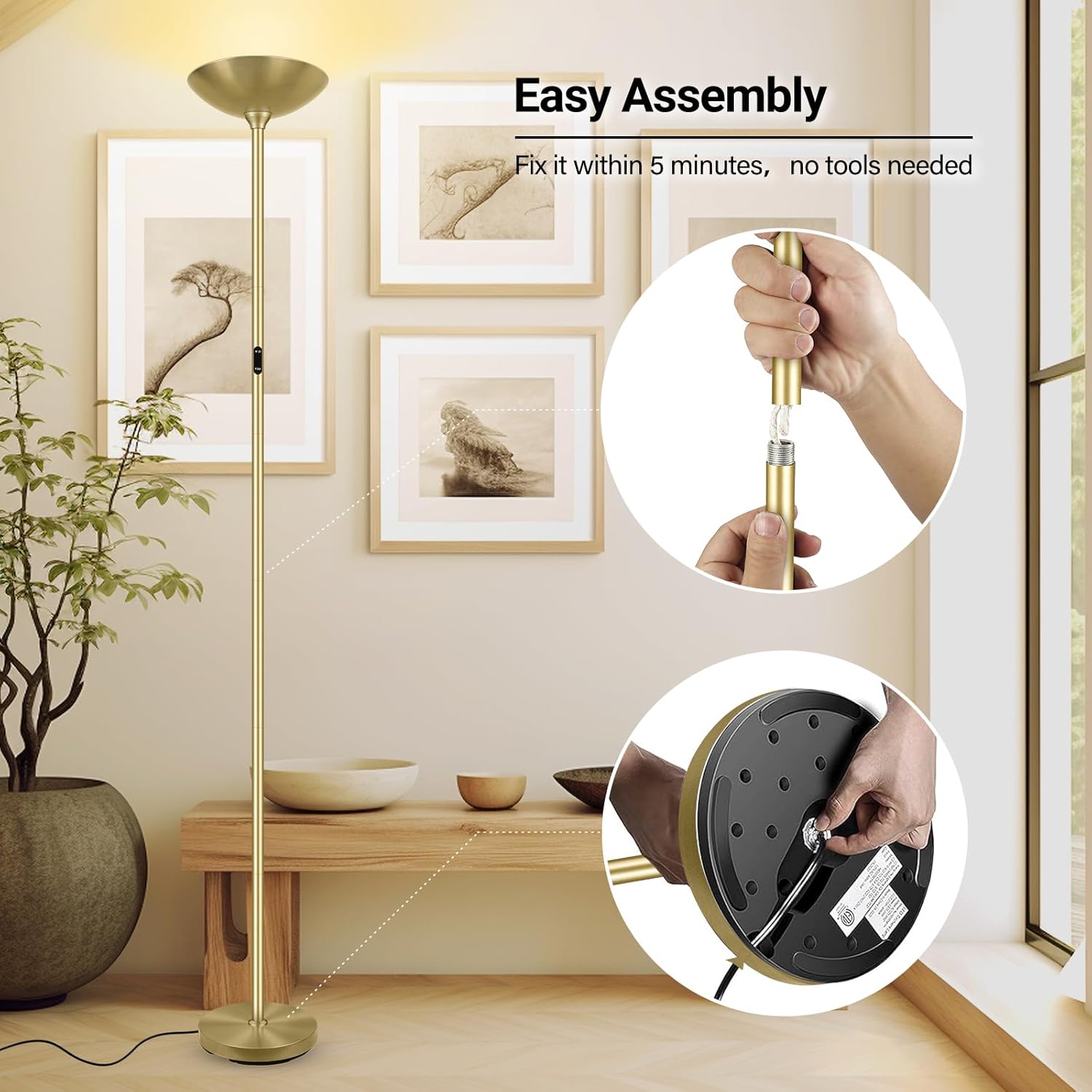 Diagram showing easy assembly steps for the floor lamp