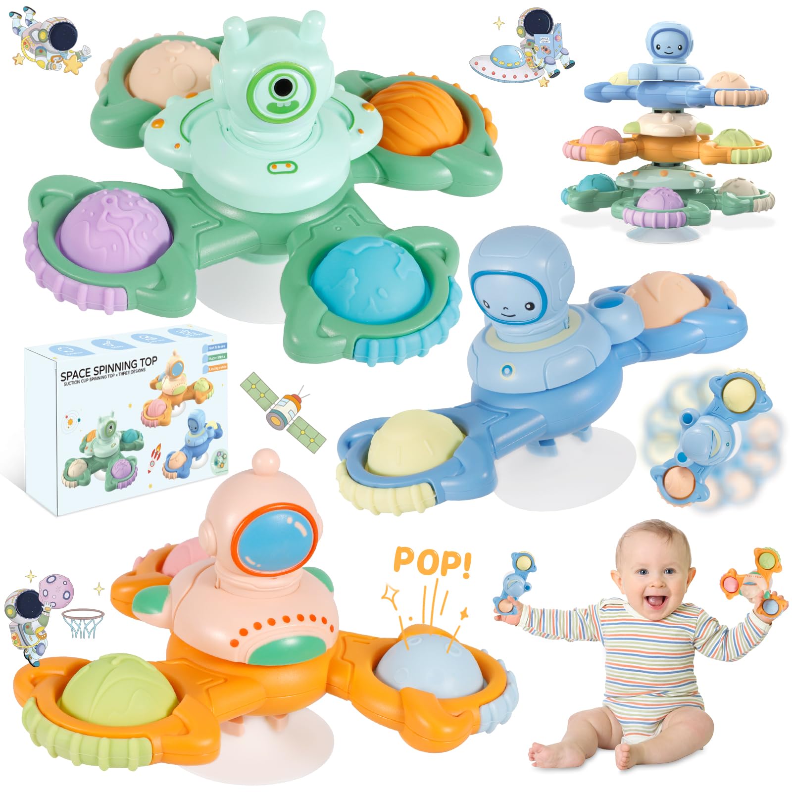 AMZJMT Pack de 3 Juguetes de Juguetes baño Bebe, peonza interactiva: estimula el Desarrollo sensorial y Motor, Juguete Giratorio,Juguete bañera para bebés para niños, niñas y niños