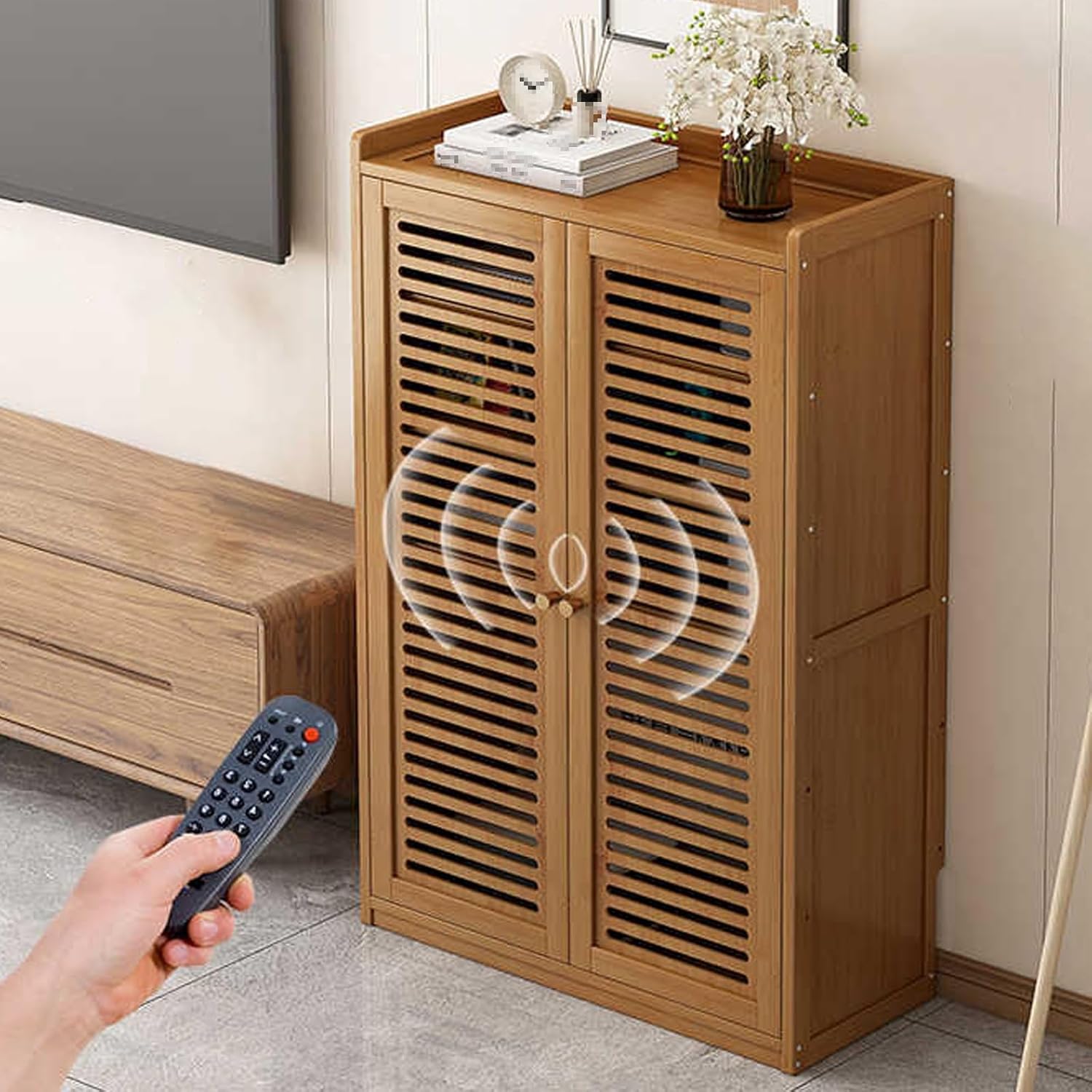 Adjustable Router Organizer Cabinet with Magnetic Doors, Thickened Bamboo Board, Home Use, Assembly Required, Black, 59x25x82cm - Perfect for Cable Management and Storage.