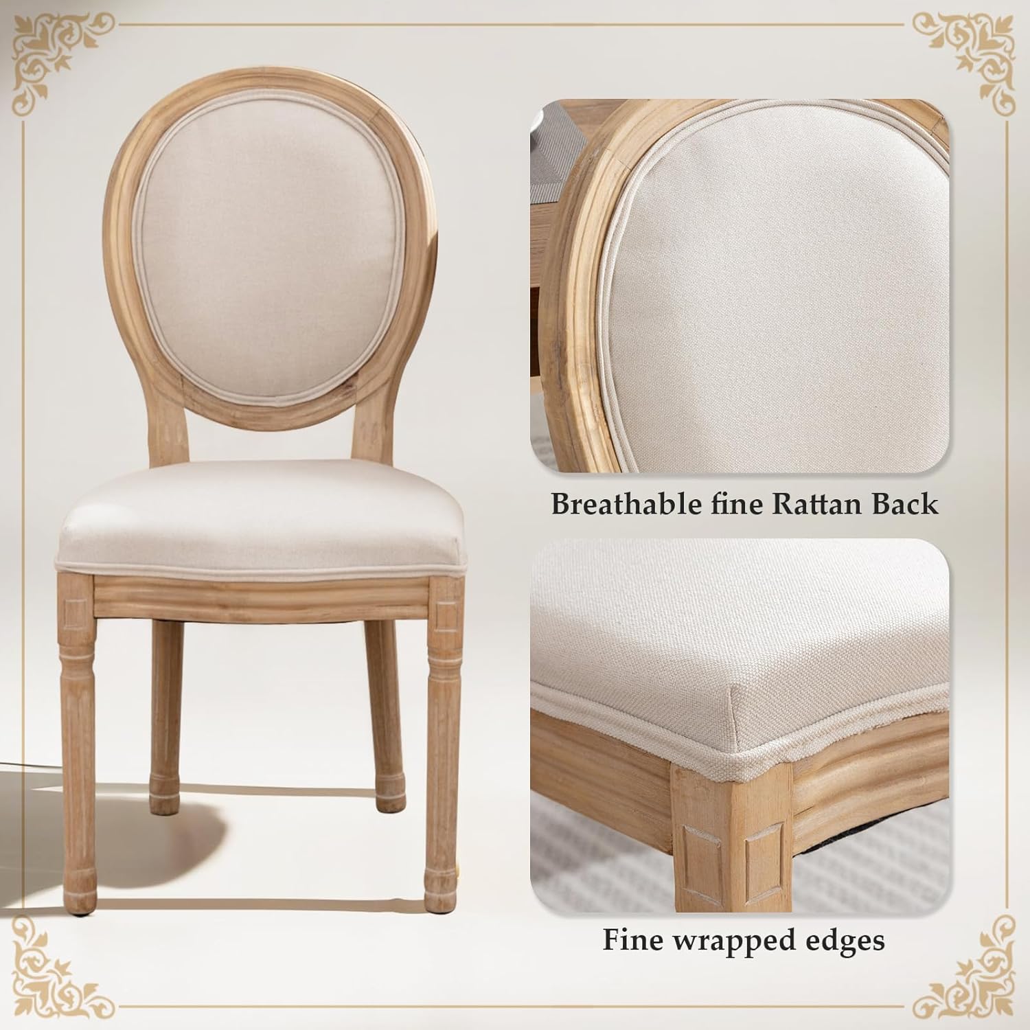 SoarFlash French Dining Chairs Set of 4, Vantage Linen Dining Chair with Round Back, Farmhouse Country Dining Chair for Kitchen,Restaurant,Beige