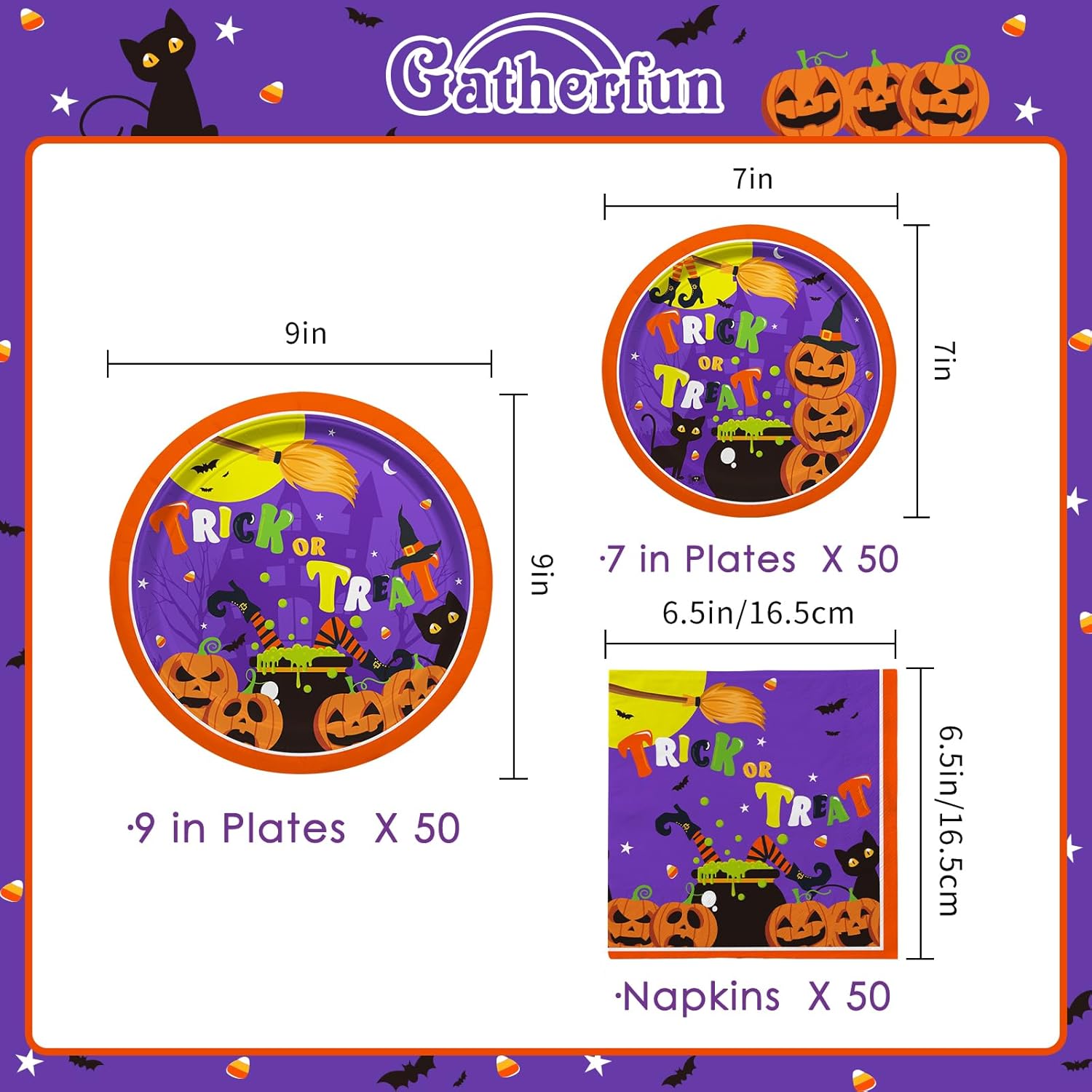 Halloween Party Supplies Kit Serve 50，Halloween Witch Pumpkin Design Includes Disposable Dinner Plates, Dessert Plates and Napkins, Birthday Party Decorations