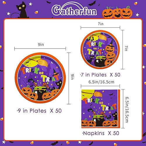 Miniatura 3 de Kit de suministros para fiesta de Halloween para 50, diseño de calabaza de bruja de Halloween, incluye platos llanos desechables, platos de postre y