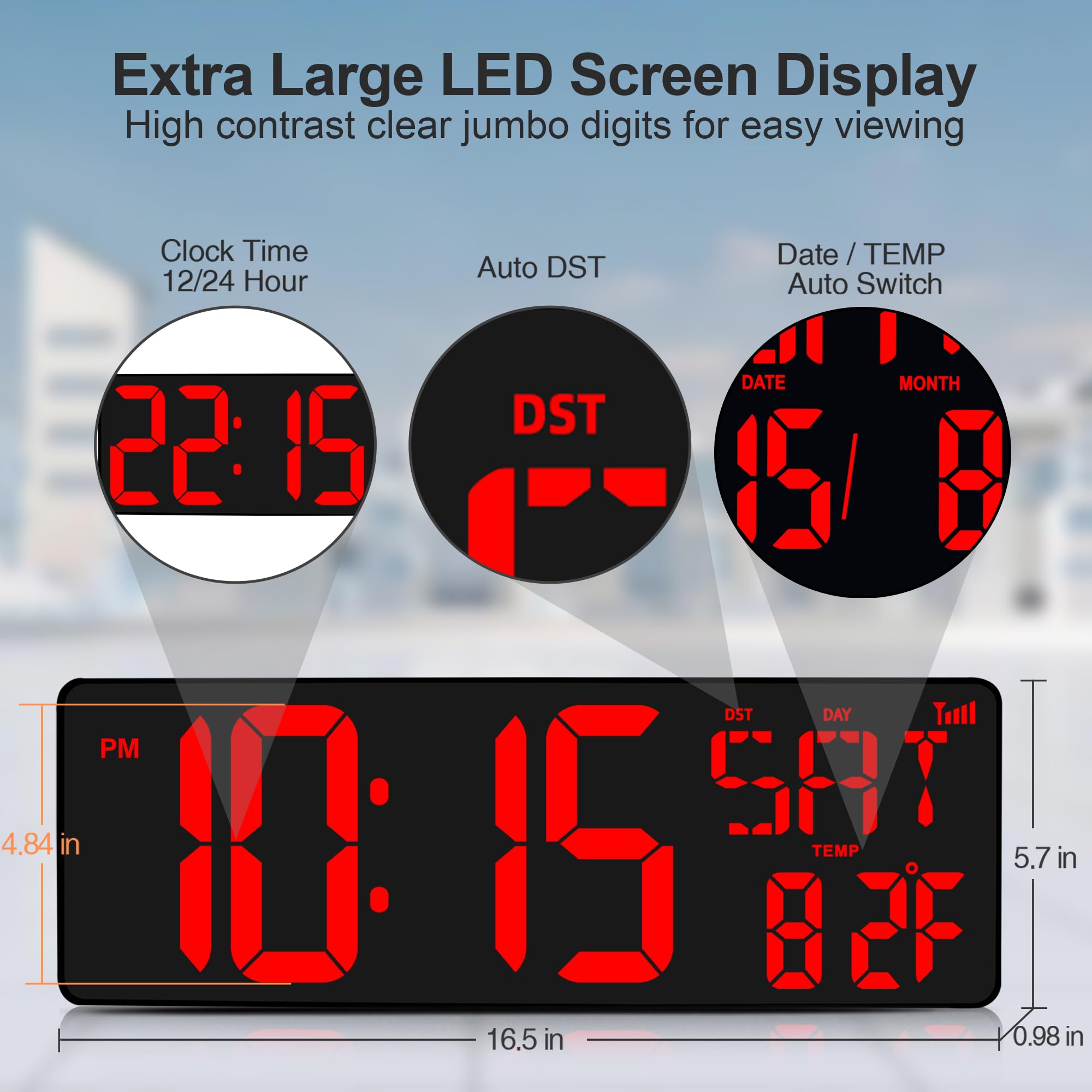 XREXS Orologio Parete 17'' LED Rosso Sincronizzazione Bluetooth | Luminosità regolabile, mostra ora, data e temperatura, calibrazione automatica, multifunzione per soggiorno e ufficio