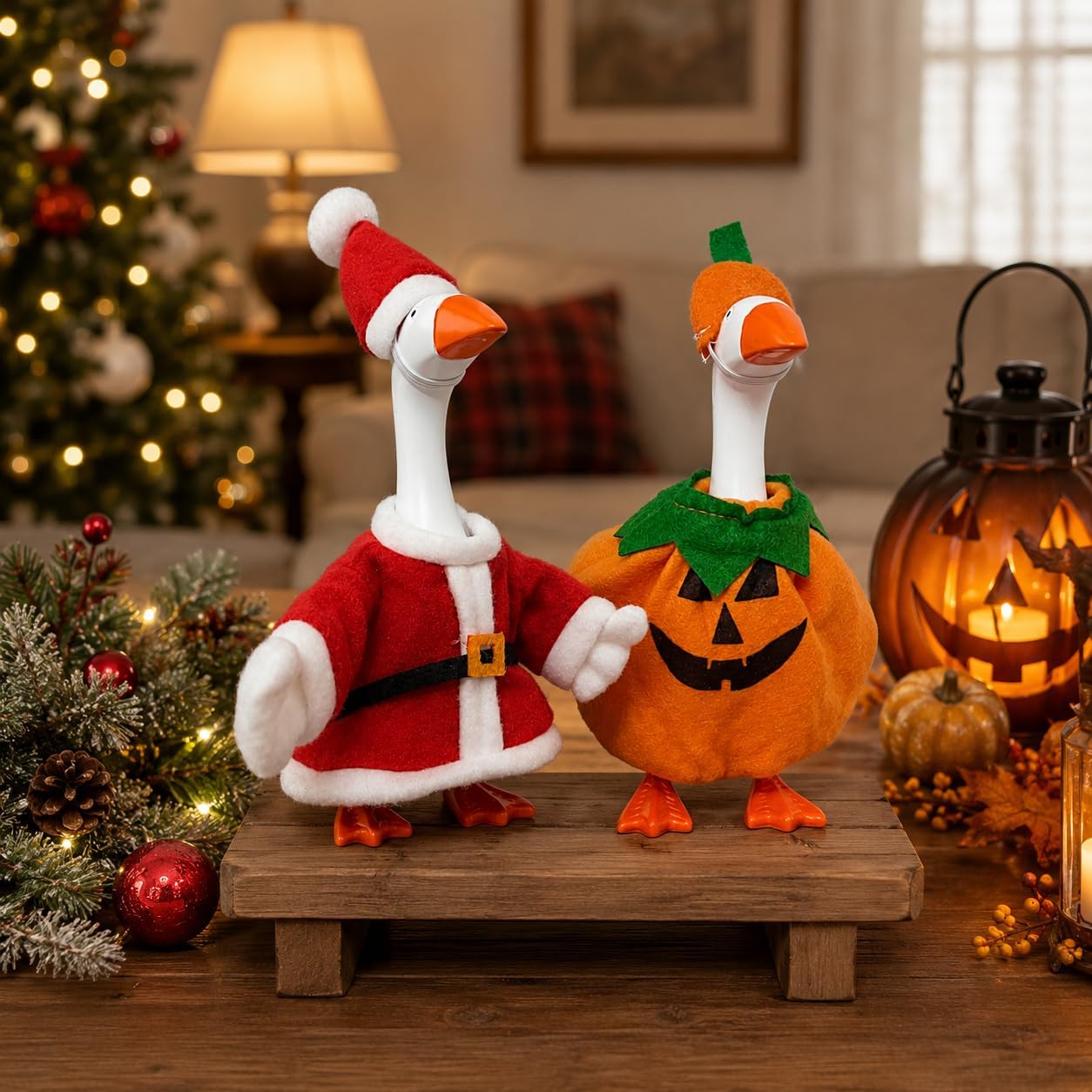 2 Pack Desk Goose Outfits 7 Inch for Halloween & Christmas | Desk Goose Holiday Outfits, Halloween Pumpkin & Santa Mini Desktop Goose Clothes Set