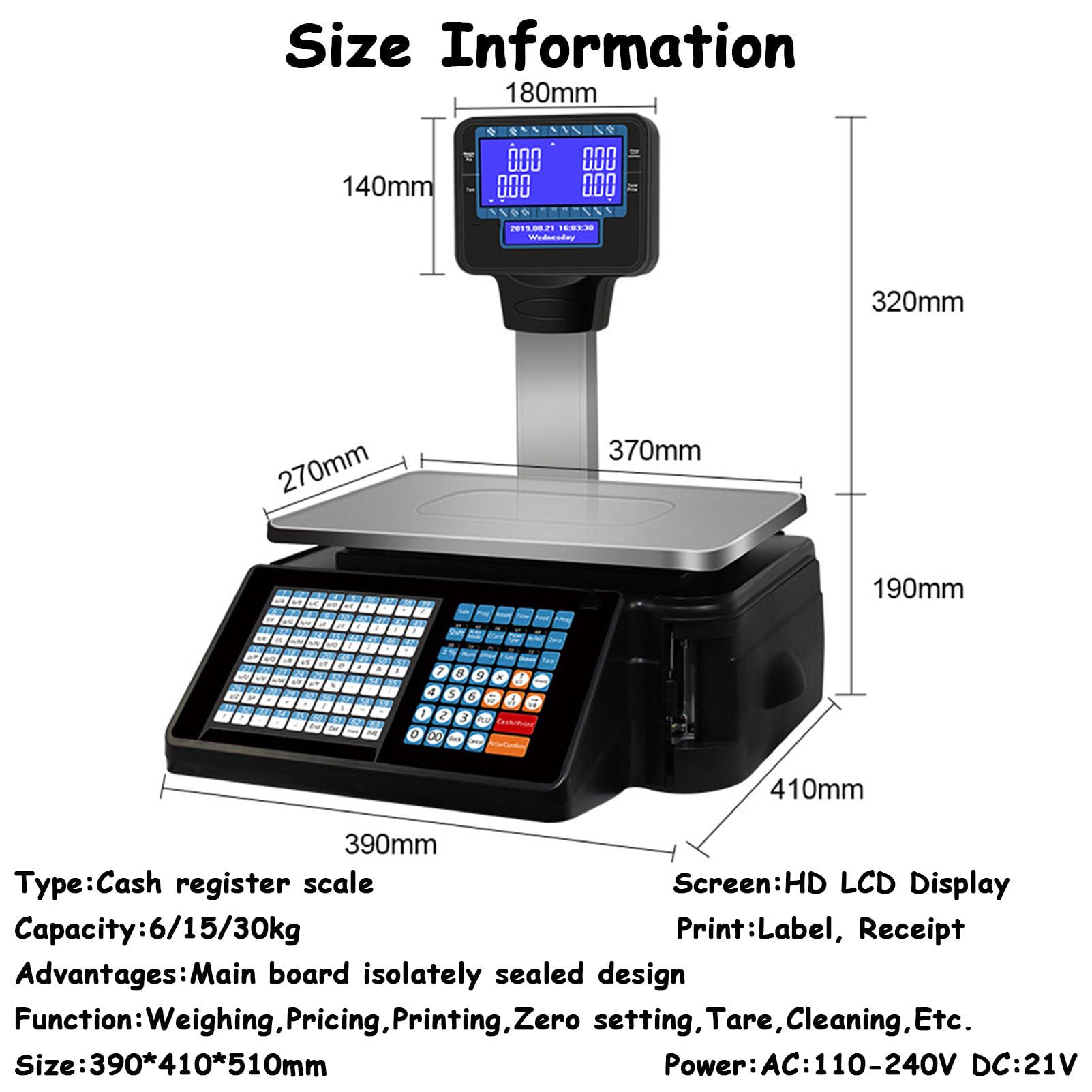 LYDZUSDP Label Printing Scale,Digital Price Computing Scale Commercial Barcode Scale,Pole Display with Label and Receipt Printer