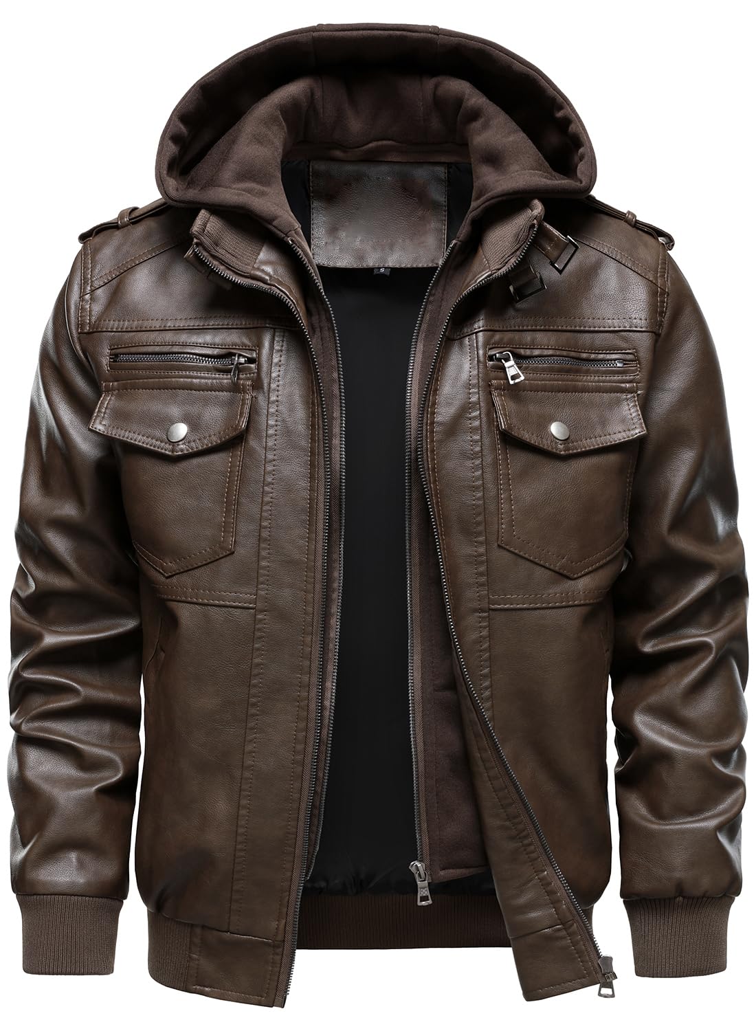 HOOD CREW Men’s Faux Leather Motorcycle Jackets with Hood