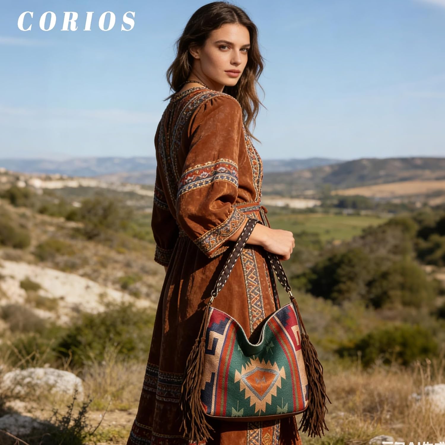 CORIOS Fringe Handbag for Women Boho Shoulder Crossbody Bag Bohemian Top Handle Bag with Tassels Messenger Satchel Bag