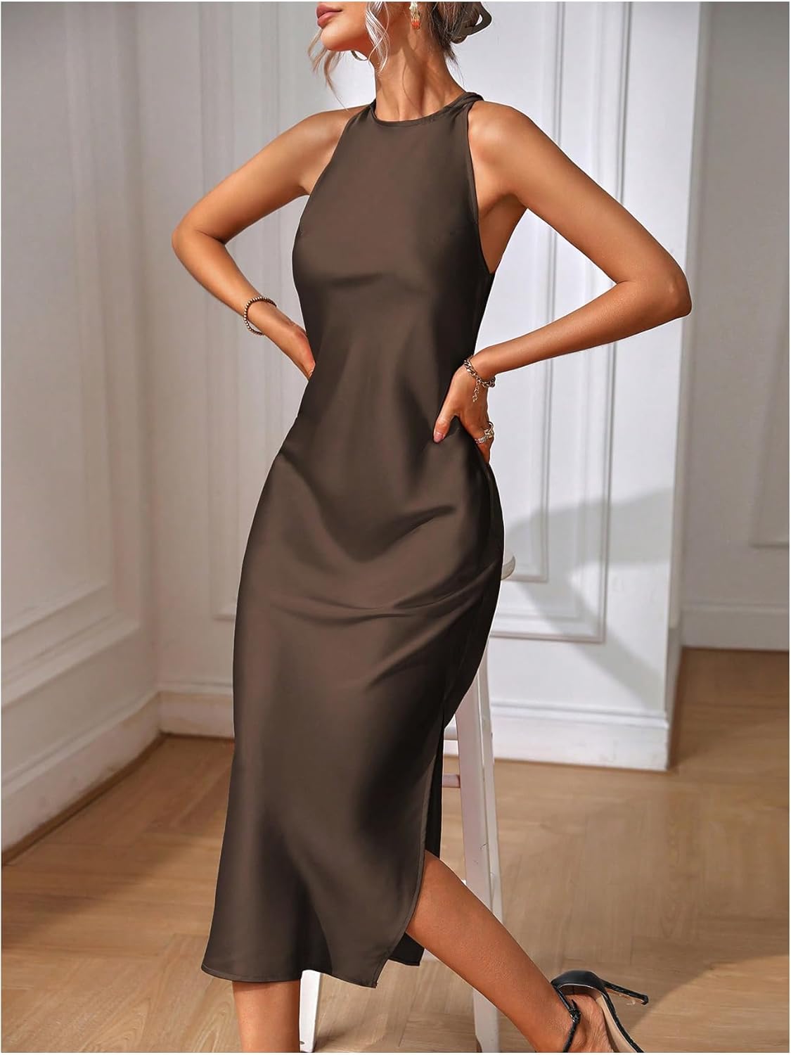 Floerns Women's Elegant Sleeveless Crew Neck Maxi Dress Slit Cocktail Tank Dress