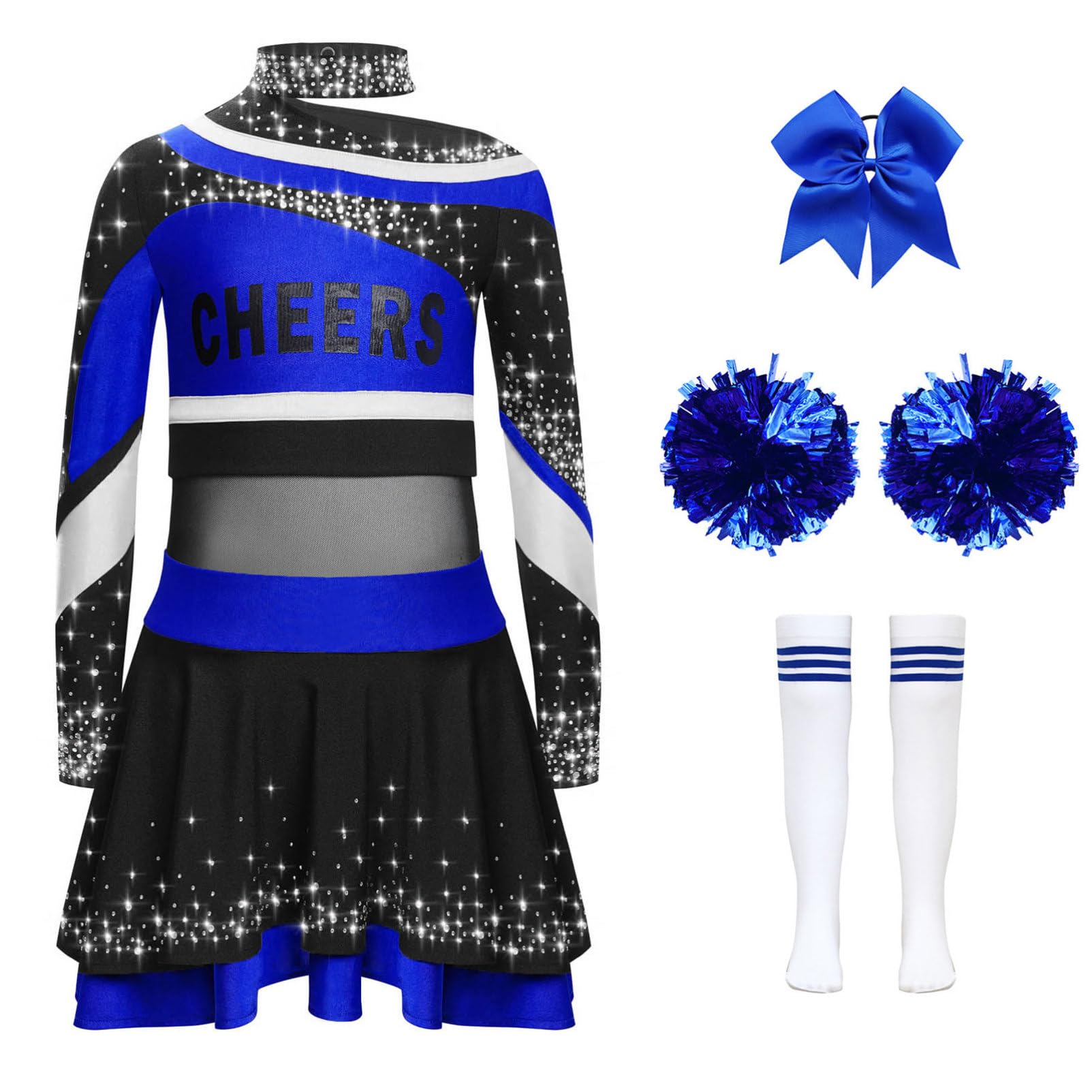 CHICTRY Cheerleaderin Kostüm Kinder Mädchen Cheer Training Outfit Langarm Sportkleid Strass Glitzer Tanzkleid Mit Handblumen Schleife Strümpfe Tanzkostüm