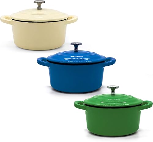 RJ Legend Mini cocotte de 8.5 onzas con tapa, juego de 3 hornos holandeses pequeños para hornear, moldes de hierro fundido esmaltado, 0.25 cuartos