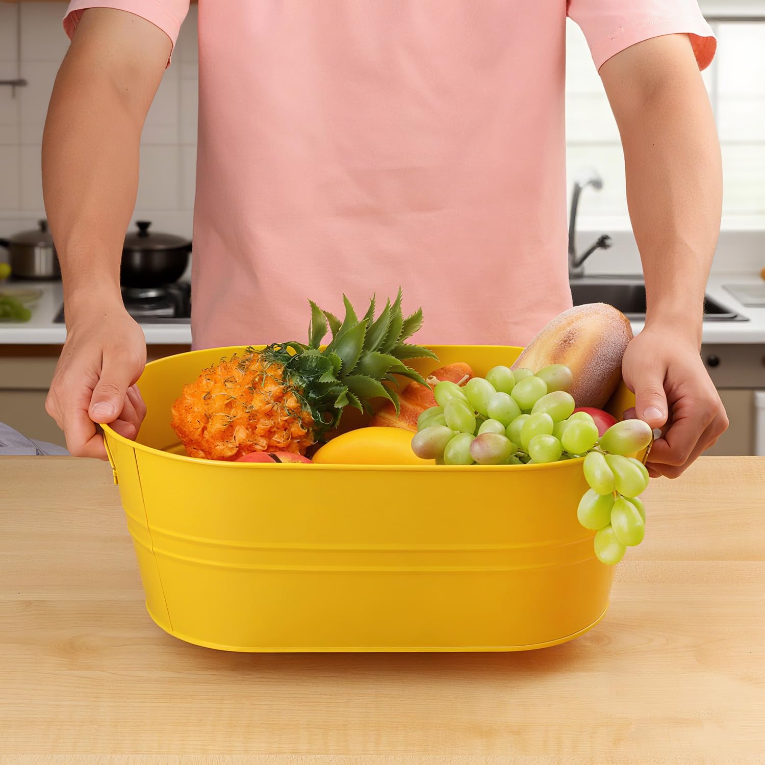 2 vaschette in metallo zincato giallo con manici, 38,9 x 22,9 x 15,2 cm, per feste, grandi secchi per bevande in metallo per birra, vino, cocktail ed eventi all'aperto