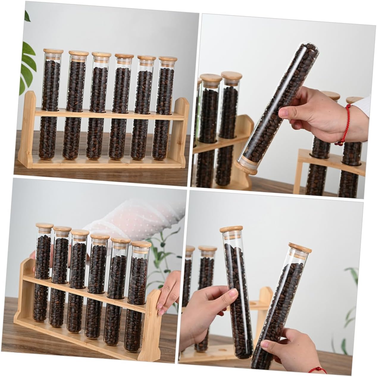 Unique Coffee Bean Dispensing Bottle Glass Bean Container Wooden Stand Multi-functional Storage for