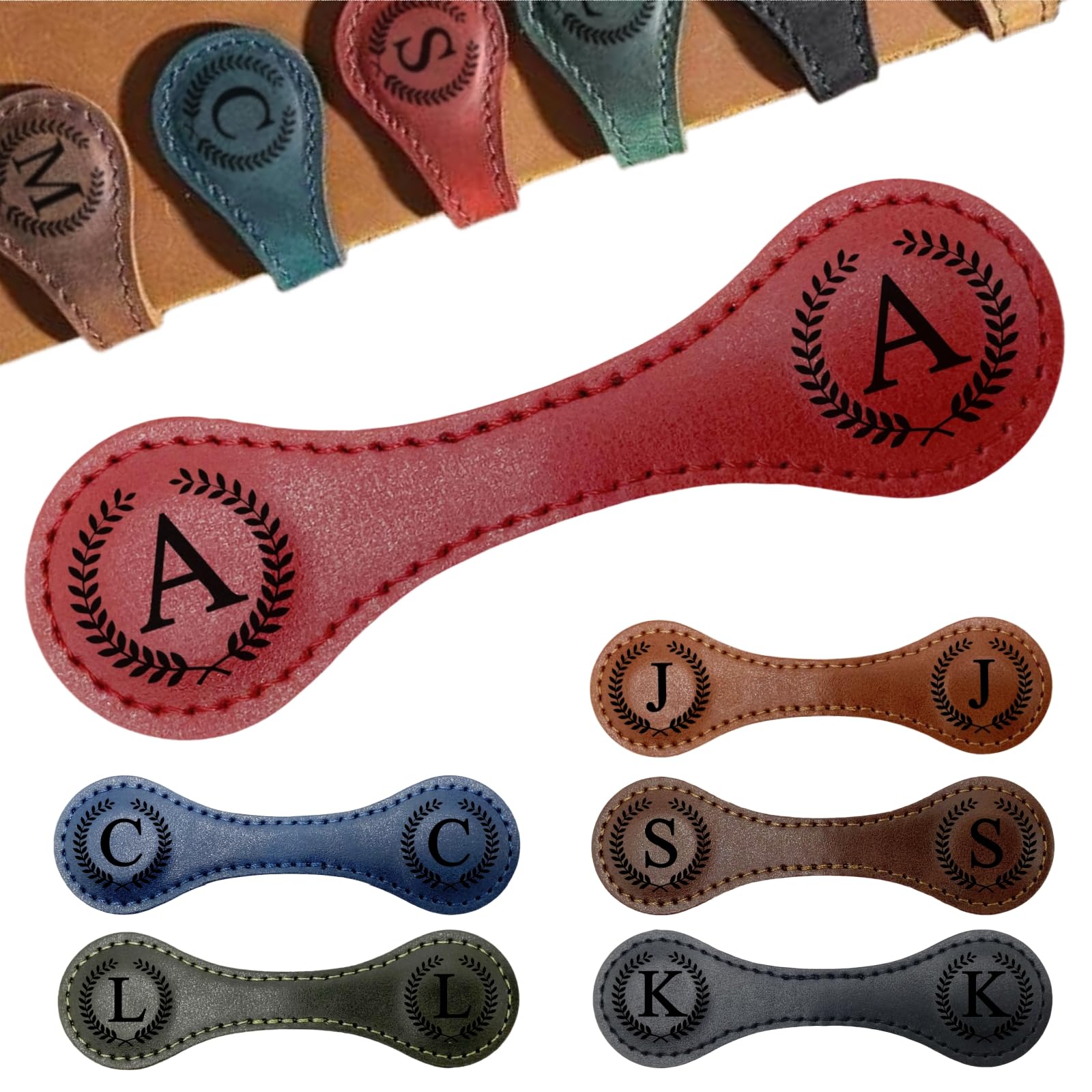 MOTEERLLU Personalized Magnetic Leather Bookmark,Initial,Red-A