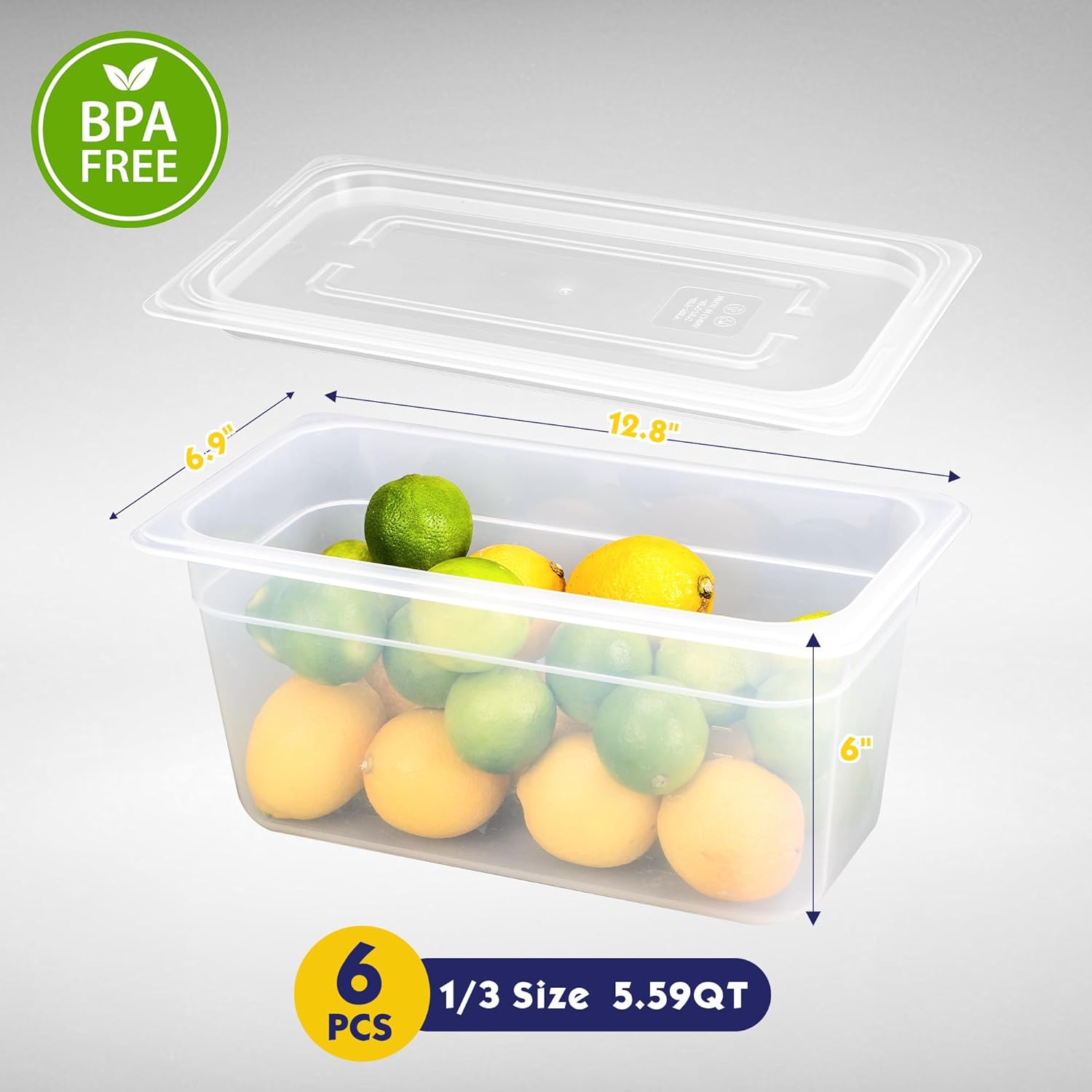 6 Pack Plastic Food Pans with Lids, 1/3 Size 6'' Deep, Translucent, Commercial, BPA-free, Stackable Storage for Restaurants, Buffets