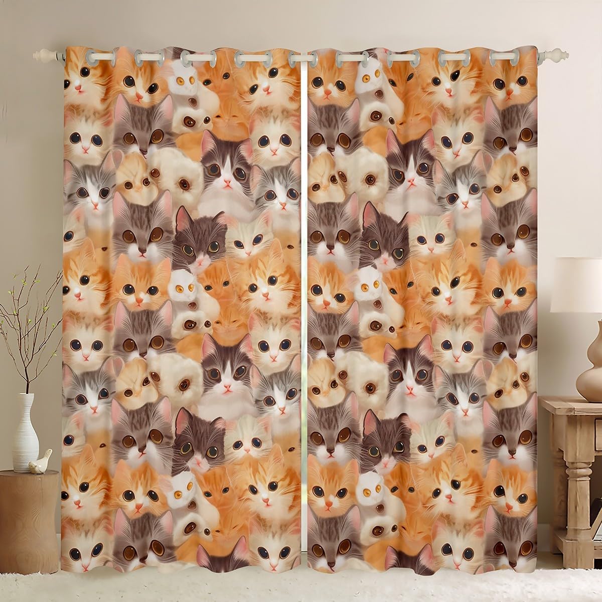 Feelyou Cat Curtains for Bedroom Kids Cute Kitten Cats Print Window Drapes Women Kawaii Lovely 3D Animal Window Curtains Animal Cat Collection 30%-50% Blackout Curtains Decor (2 Panels， 52 x 63 Inch)