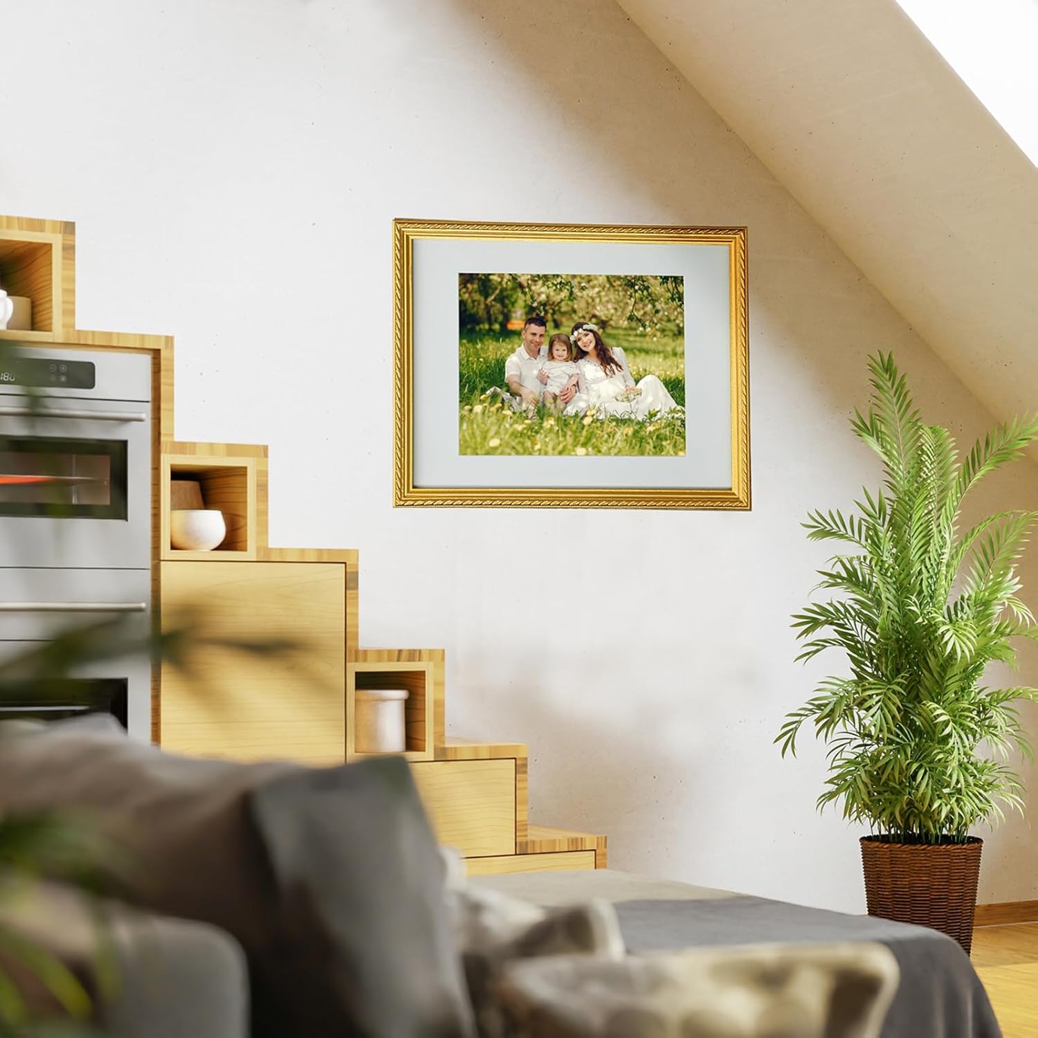 11x14 Picture Frame Ornate in Gold with Bead Border and Central Rope, Solid Wood with Real Glass, Display 11x14 Photo Matted to 8x10, Vertical and Horizontal for Wall Hanging