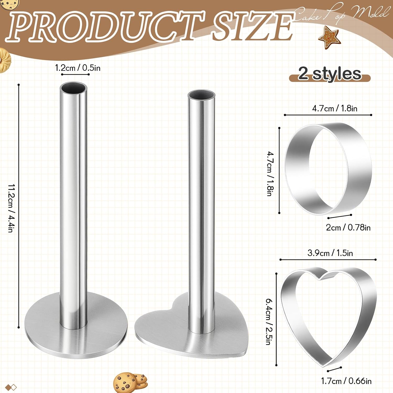 Honeydak 2 Pack Cake Pop Mold Set, Circle Heart Cutter Pusher Steel Tool