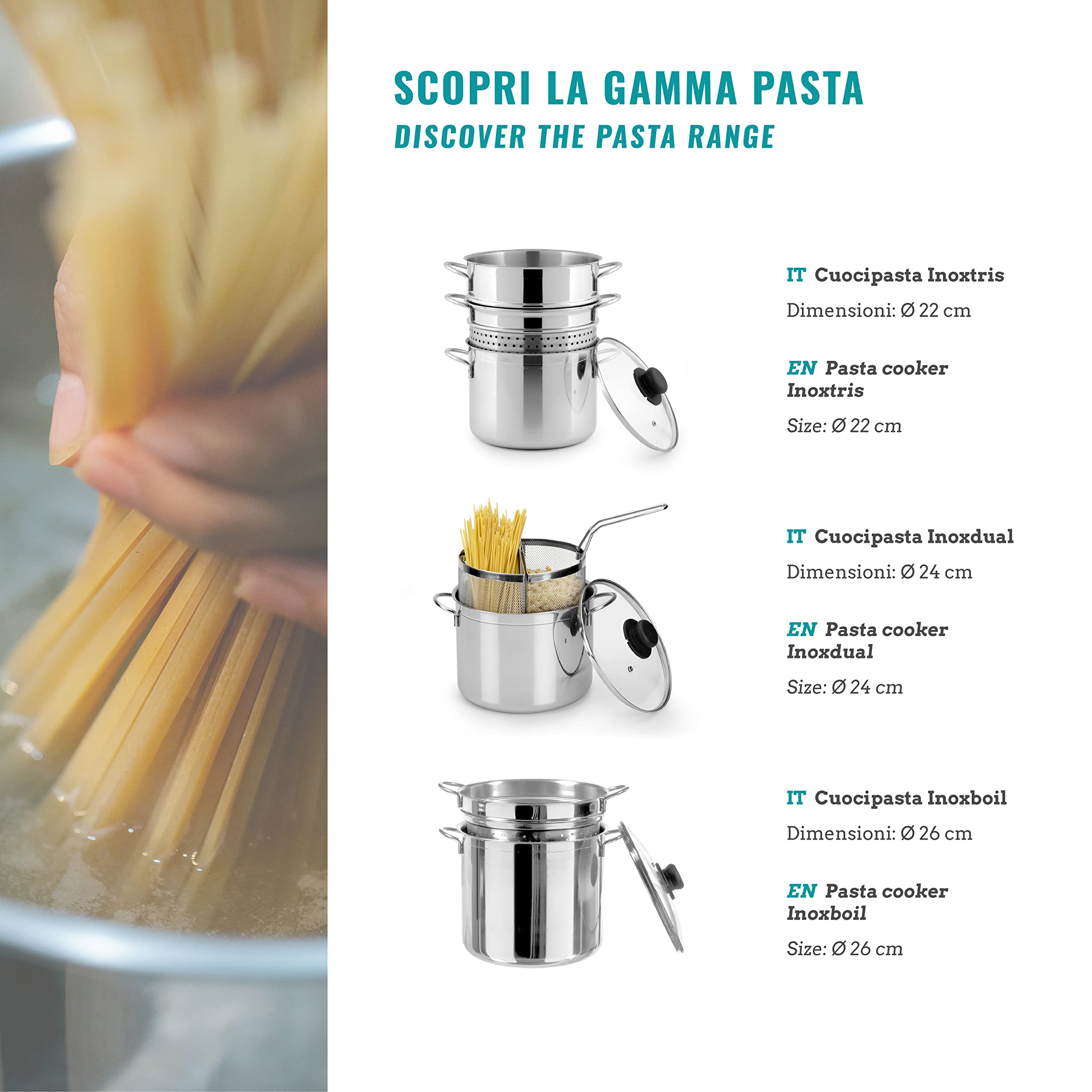 540629, Cuocipasta Inoxpasta in Acciaio Inossidabile, Cestello a Vapore con Coperchio in Vetro da 22 cm, Pentola e Scolapasta Insieme, Utilizzabile nel Gas, Piastra Elettrica e Vetro Ceramica