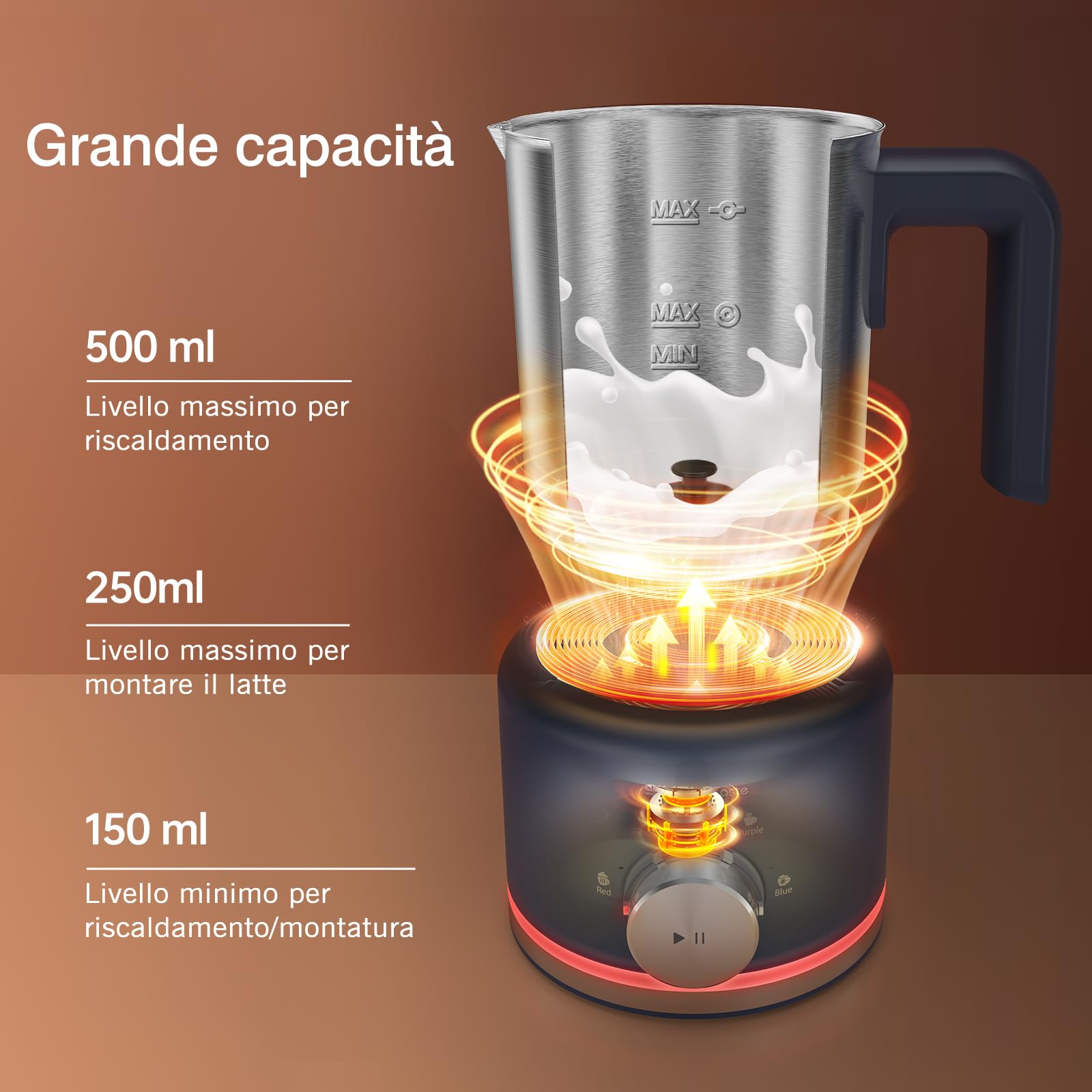 SIMPLETASTE Montalatte Elettrico 4 in 1, Bricco Rimovibile, 500 ml Schiumatore Automatico ad Alta Capacità per Latte Caldo e Freddo, Caffè, Latte, Macchiato, Cappuccino e Cioccolata Calda