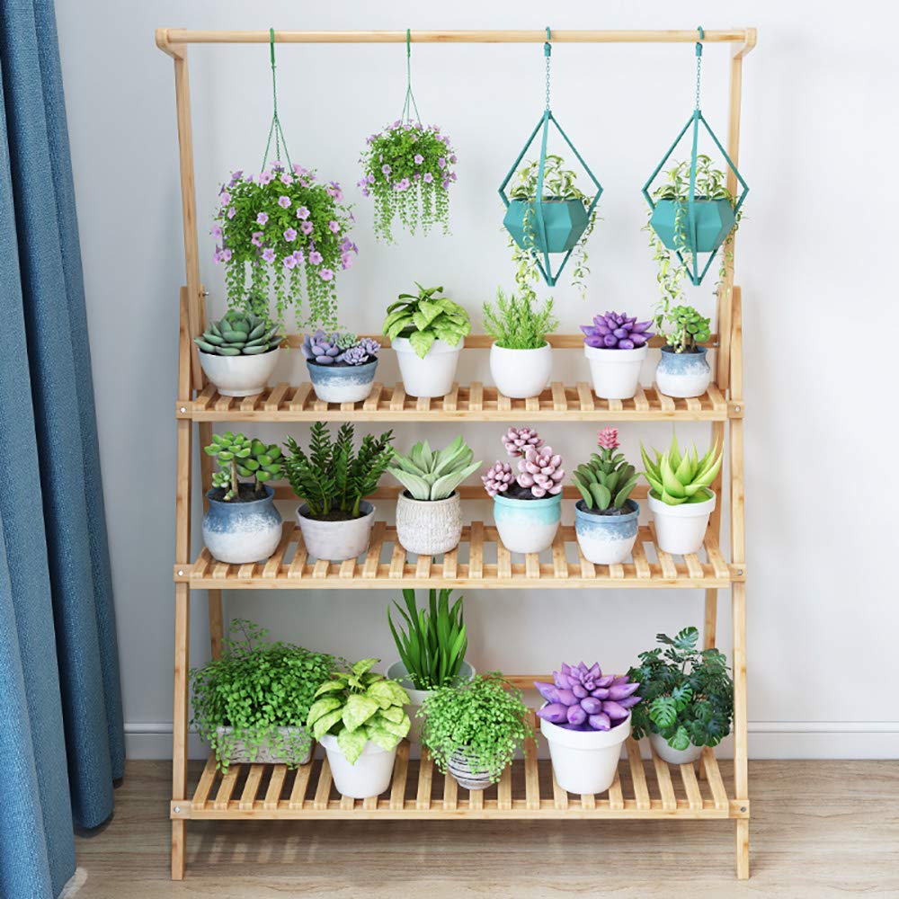 medla Blumenregal Pflanzentreppe aus Bambus für mehr Pflanzen und Blumenampel, Blumenständer Klappbar mit Höhenverstellbar Hängestange für Innen-Balkon Wohzimmer Outdoor Garten Dekor, 100 x 40 x 96cm
