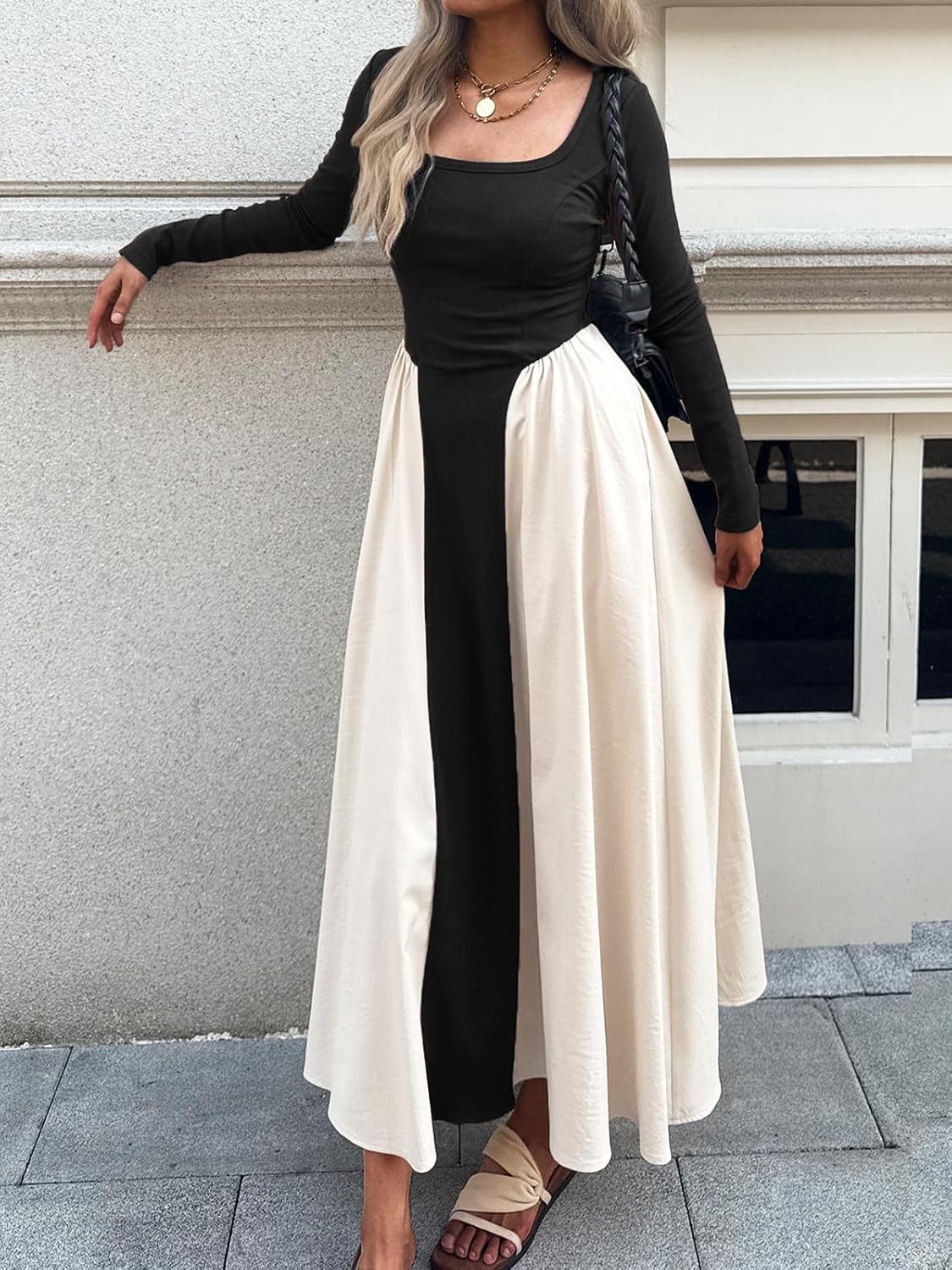 2026 Spring Maxi Dress for Women Square Neck Long Sleeve Patchwork Ribbed Knit Dress Flowy A Line Dress with Pockets - Image 4