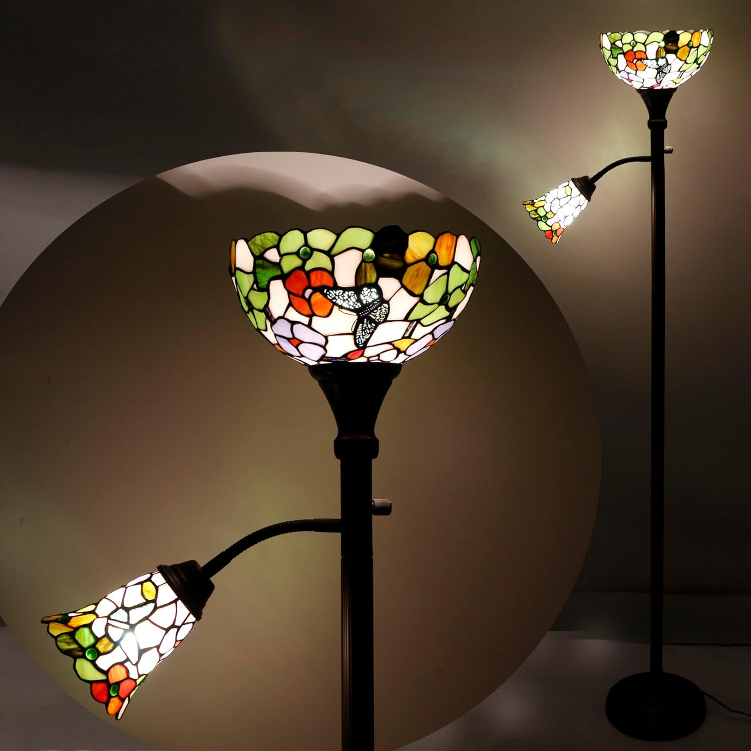 Tiffany Floor Lamp Torchiere with Side Nightlight Butterfly Flower Style Stained Glass Reading Light 10X10X71 Inches Pole Standing Corner Torch Uplight Decor Bedroom Living Room Home