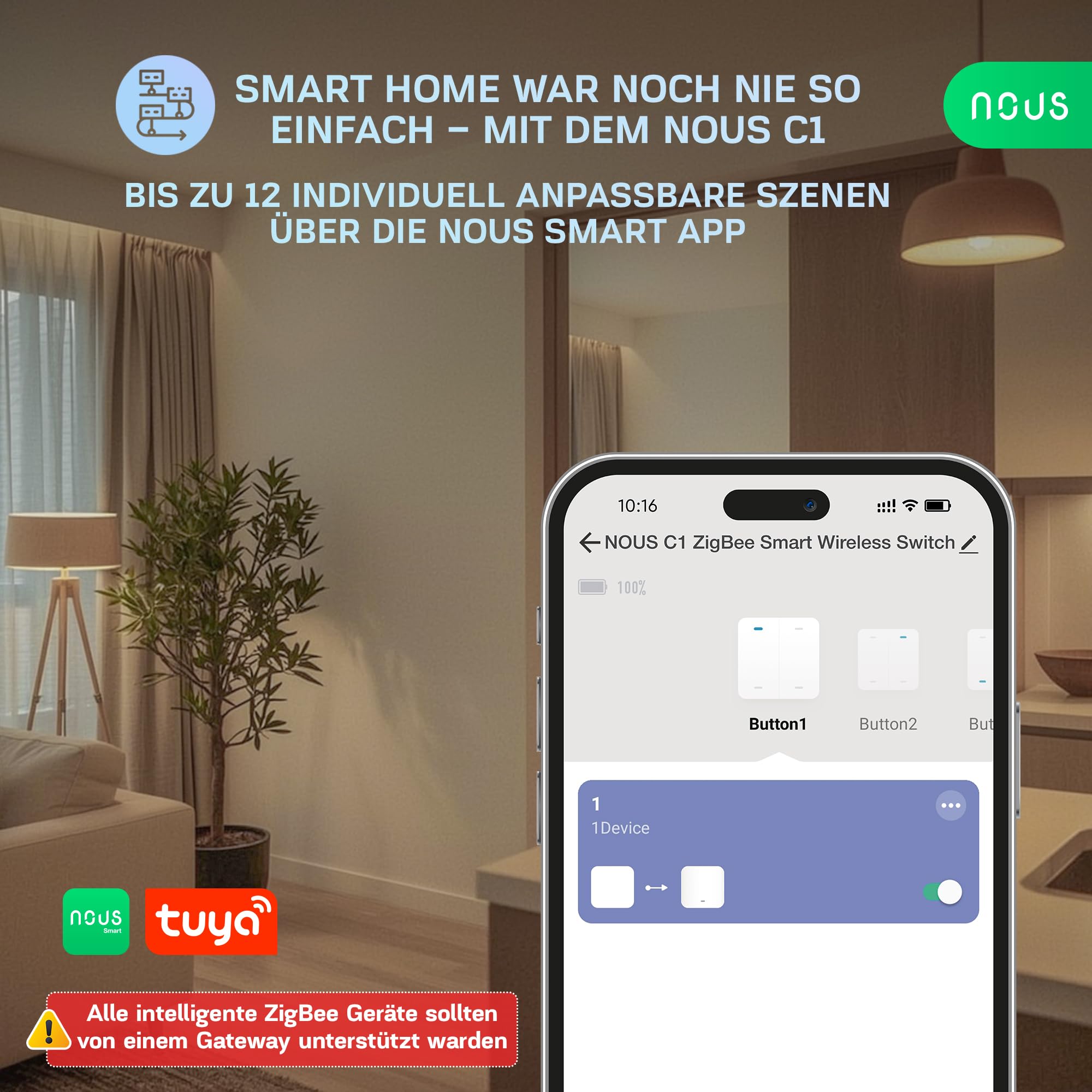NOUS C1 ZigBee Funk-Schalter 4 Tasten, Smart Wireless Switch, Szenensteuerung bis zu 12 Aktionen, Batteriebetrieben, App Steuerung, Kompatibel mit Alexa & Google Home, ZigBee Hub Eforderlich