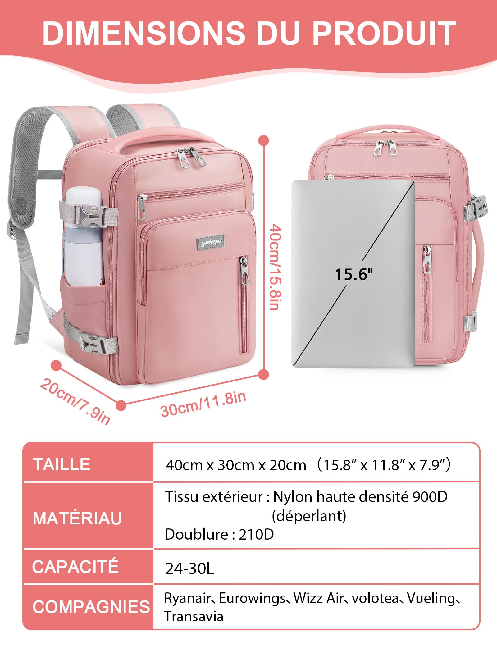 Sac a Dos Voyage Cabine Avion 40x30x20 Bagage Cabine 24L-30L Évolutif | Sac à Dos Avion pour Transavia Ryanair Vueling Wizz Air,Sous Siège Bagage à Main 15.6'' Ordinateur Portable Homme Femme Rose