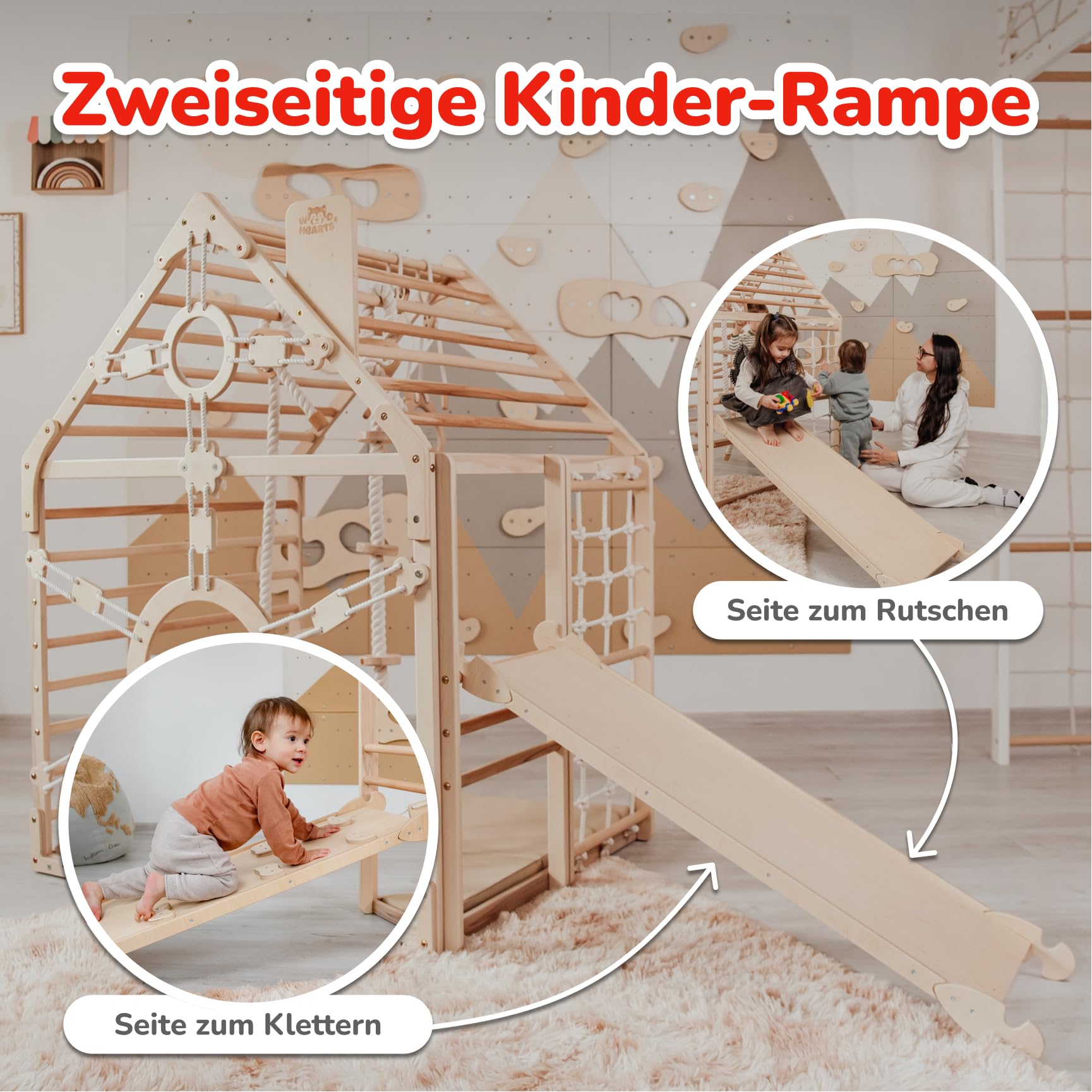 WoodandHearts Indoor Spielturm mit Rutsche & Schaukel – Kinderrutsche, Turnringe & Kletterseil – Baby Schaukel Indoor – Kletterwand Kinderzimmer & Spielhaus für Zuhause