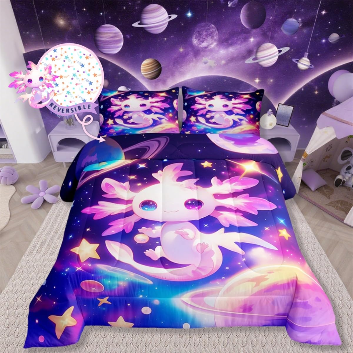 Erosebridal Axolotl Quilt Twin Size for Kids Boys Girls,Galaxy Planet Space Bedding Set Cartoon Animal Comforter Set Purple Dreamy Starry Bedding
