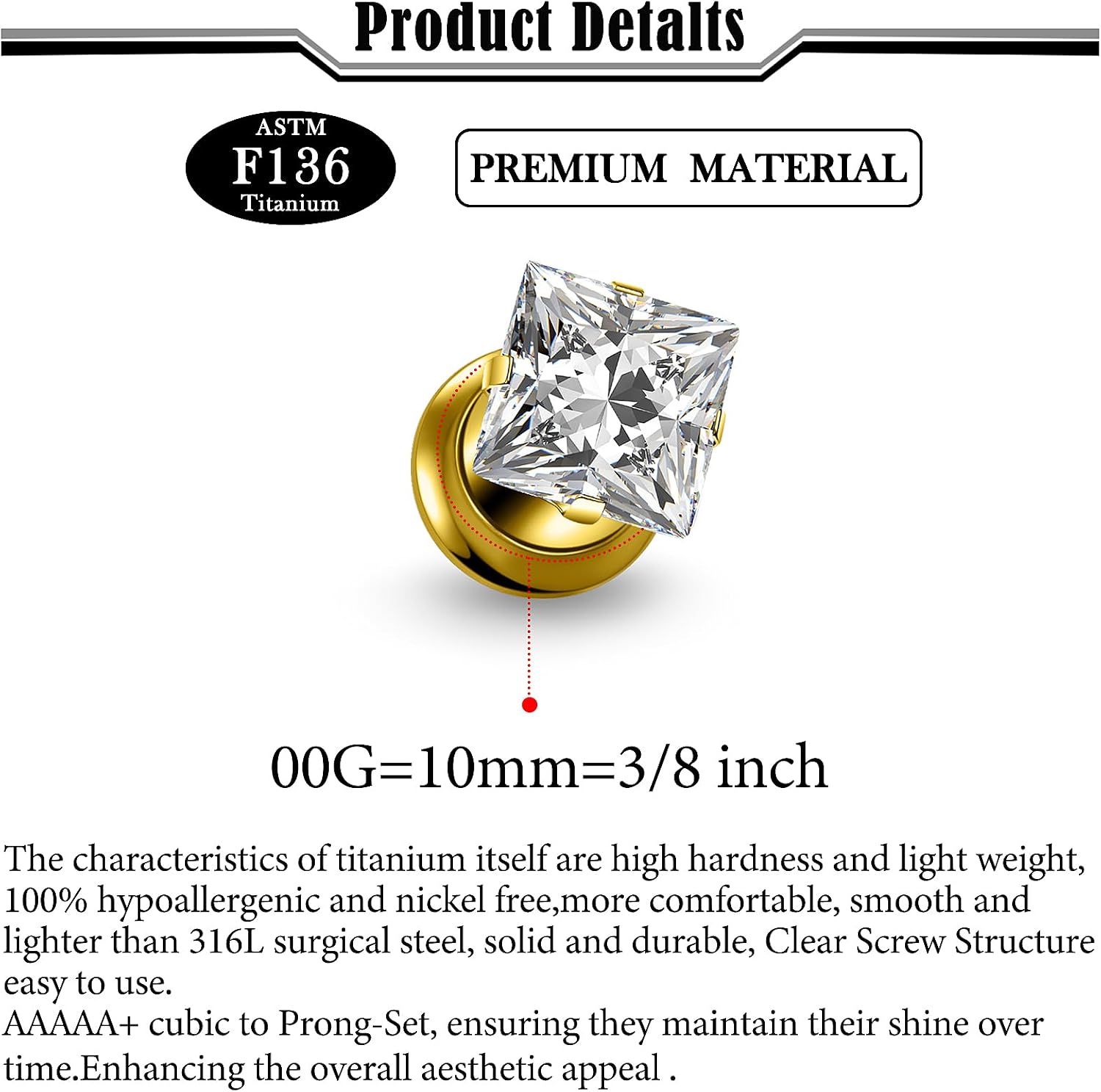 10G-00G Astm F136 Titanium Gauges Tunnels for Ear Screw Fit Back Square CZ Ear Gauges Tunnels Plug Earrings Expander Stretcher Piercing Jewelry for Women Men Silver Gold 1 Pairs