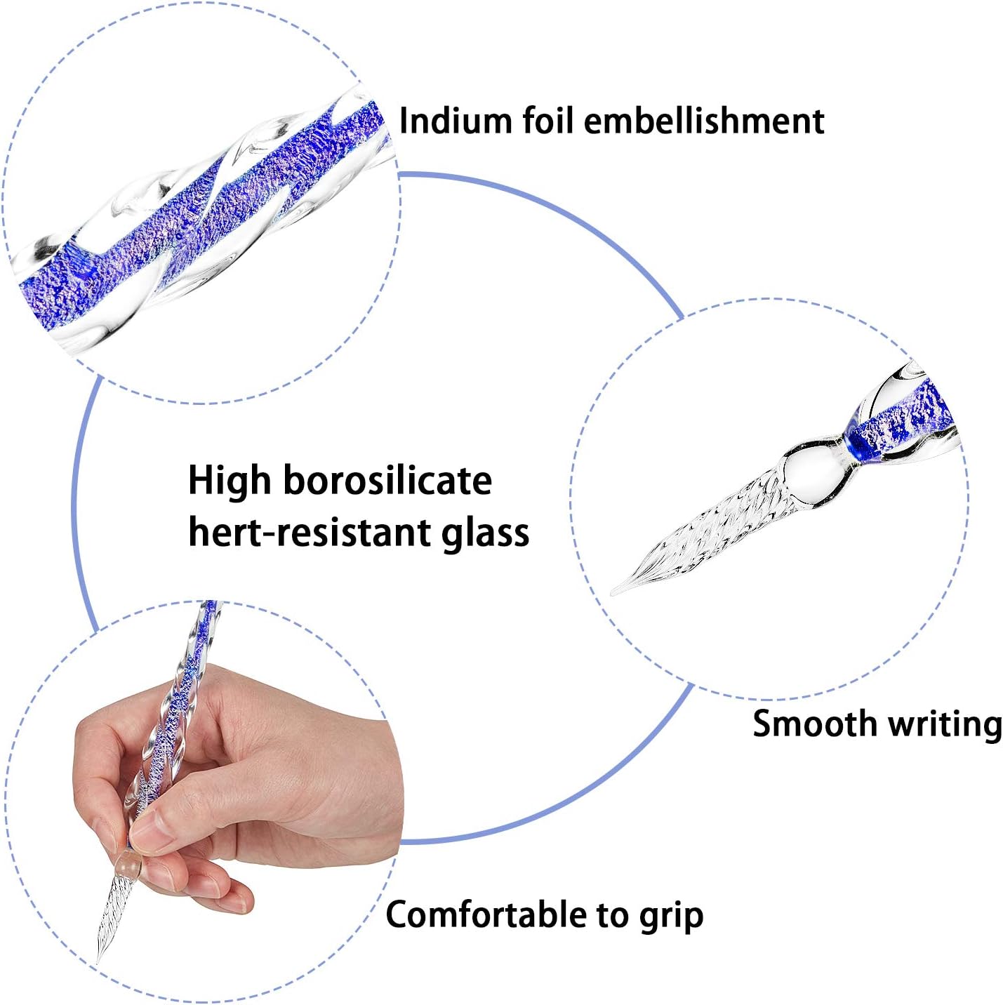 Zonon 3 Pieces Handmade Glass Dip Pen High Borosilicate Glass Elegant Crystal Pen for Writing Drawing Signatures Calligraphy Decoration(Silvery, Blue, Ice Green)
