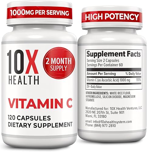 10X Health Vitamina C 1000 mg – 120 cápsulas de vitamina C, alta dosis de ácido ascórbico para la inmunidad, protección antioxidante, colágeno