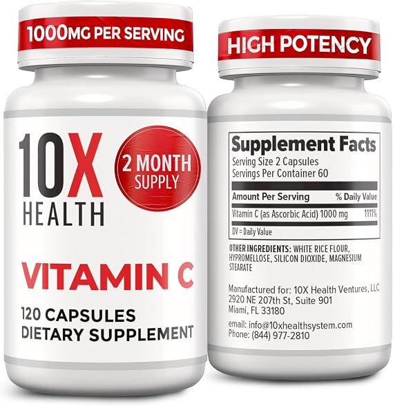 10X Health Vitamin C 1000mg - 120 كبسولة فيتامين C، جرعة عالية من حمض الأسكوربيك للمناعة والحماية من مضادات الأكسدة ودعم الكولاجين والأنسجة للبالغين - فيتامين C 1000 mg - غير معدل وراثيًا، خالي من الغلوتين