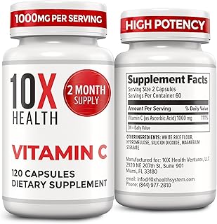 10X Health Vitamin C 1000mg - 120 Capsules Vitamin C, High Dose Ascorbic Acid for Immunity, Antioxidant Protection, Collagen & Tissue Support for Adults - VitaminC 1000 mg - Non-GMO, Gluten-Free