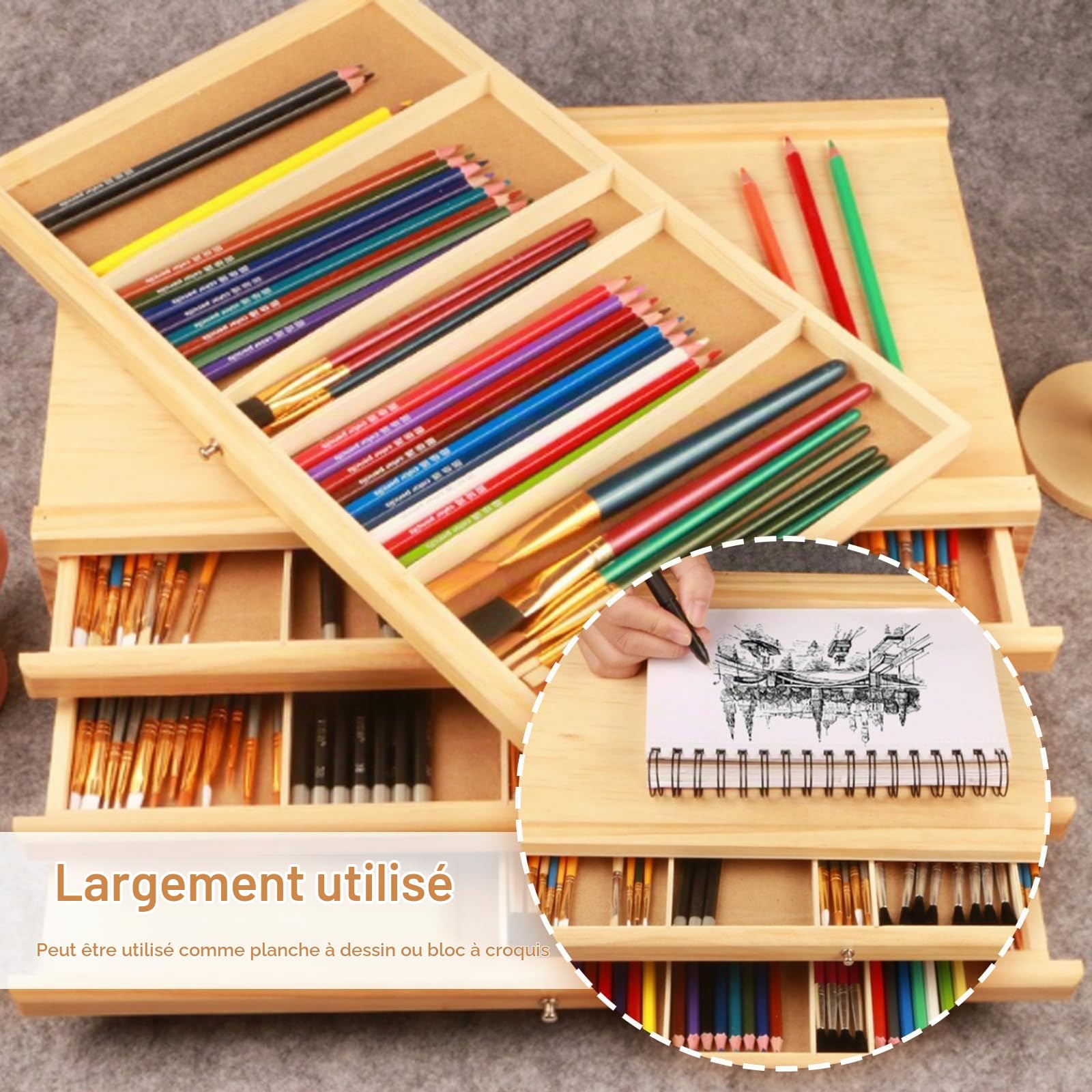 Boîte de Rangement Pour Pinceaux, Boîte de Rangement En Bois Pour Fournitures D'artiste Avec 4 Tiroirs Amovibles, Caja de Almacenamiento de Arte de Pino Premium Pour Crayons, Stylos, Pinceaux