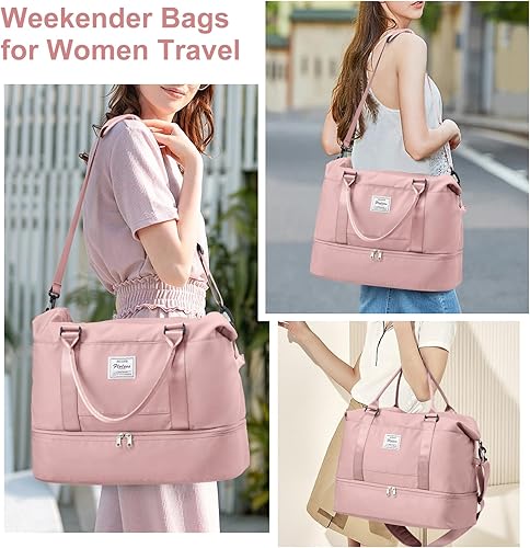 Miniatura 2 de Bolsas de fin de semana para mujer, bolsas de viaje con compartimento para zapatos, Rosado, Bolsa de viaje+neceser