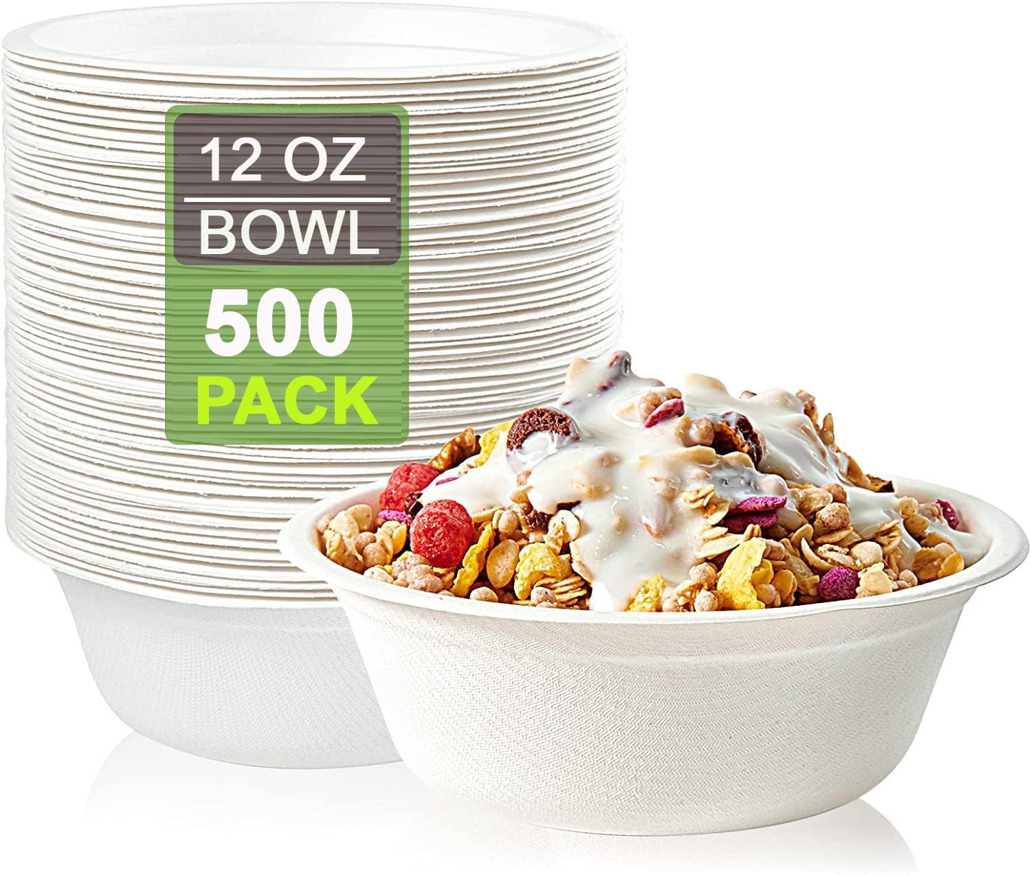 Best House 500 Pack 12 oz (340ml) Bagasse Bowls Biodegradable and Compostable Eco-Friendly White Sugarcane Bowls Perfect for Milk Cereals Snacks Salads Picnics BBQ Parties