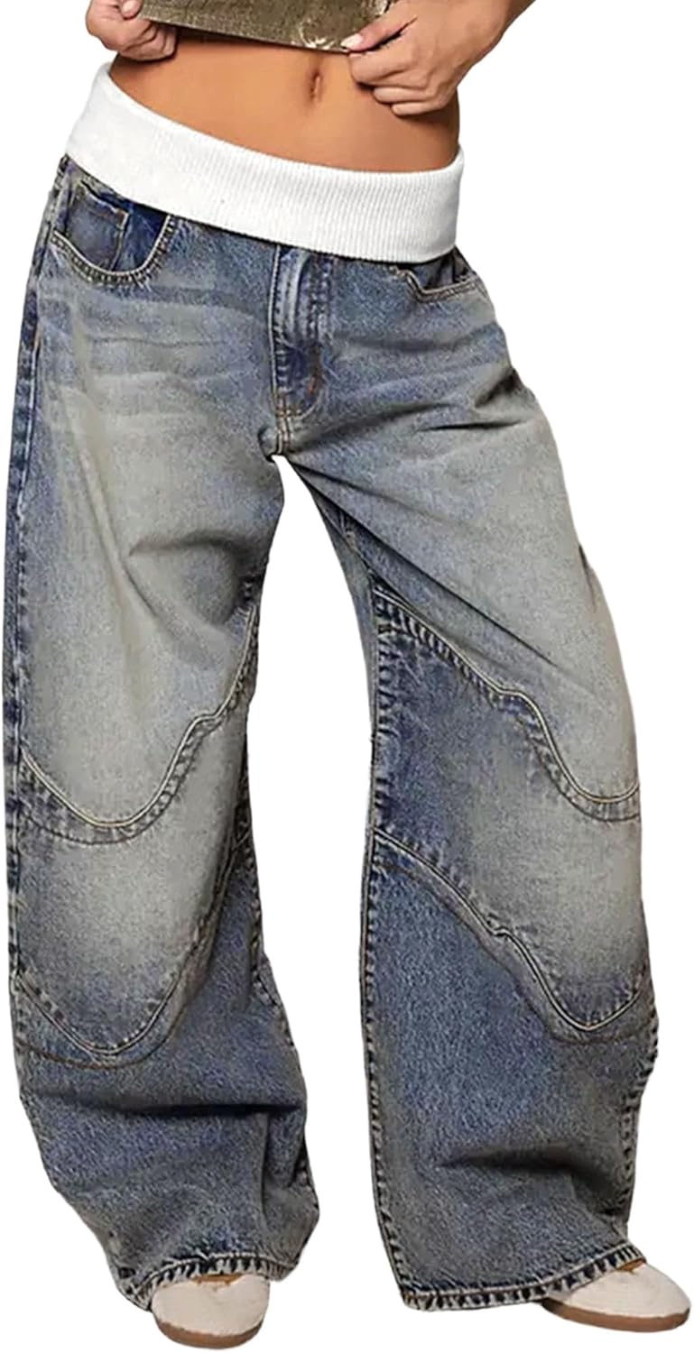 Women’s Mid Rise Wide Leg Patchwork Jeans Baggy Casual Streetwear Denim Pants Vintage Loose Fit Trousers Trendy