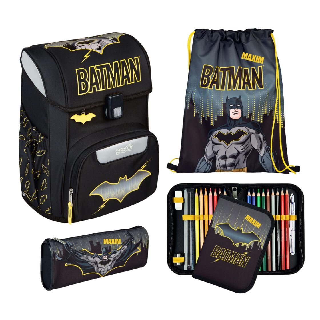 Undercover Juego de mochilas escolares de 5 piezas, para niñas de 1ª clase, con contenido personalizado, estuche escolar, diseño de Scooli, Batman Negro, Juego de mochila escolar