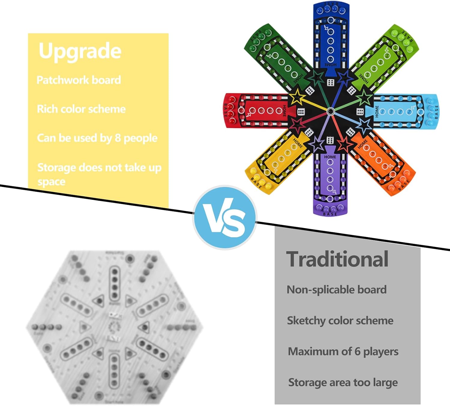 Splicing Wahoo Board Game Original Board Game Color Printing Portable Gaming Board Easy to Install for 8 Players Splicing Game Board 8 Colors 32 Marbles(8 Players-Splicing)