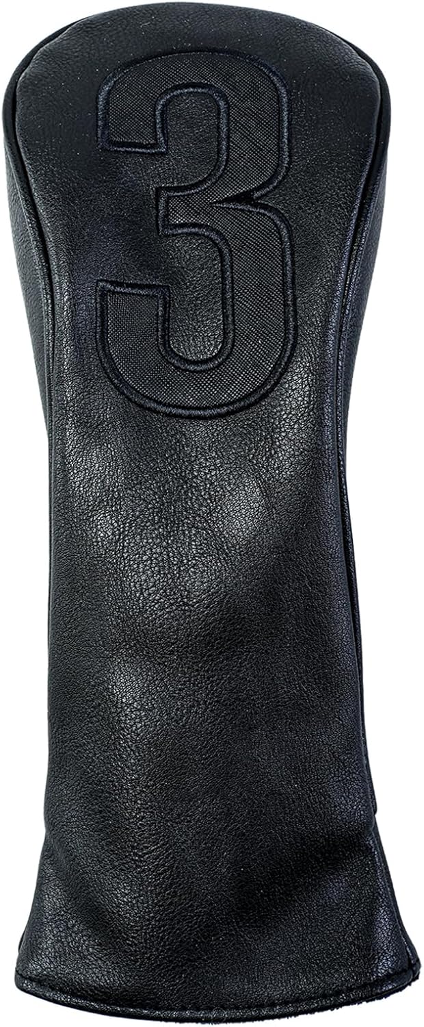 Golf Club Covers – Blackout Leather Driver Headcover, Fairway Wood, 3 Wood, Hybrid, Fits Mallet Blade Putter Head Covers Alignment Stick Cover