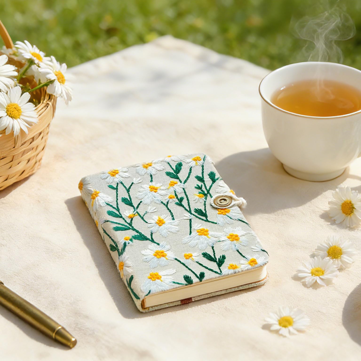 ipoul Pocket Journal, Small Notebook, A6 Sketchbook, 4x6, Unlined, Flower Embroidered, Blank, Hardcover, Lay Flat, Beautiful, Daisy Gifts for Women, White Daisy - Image 2