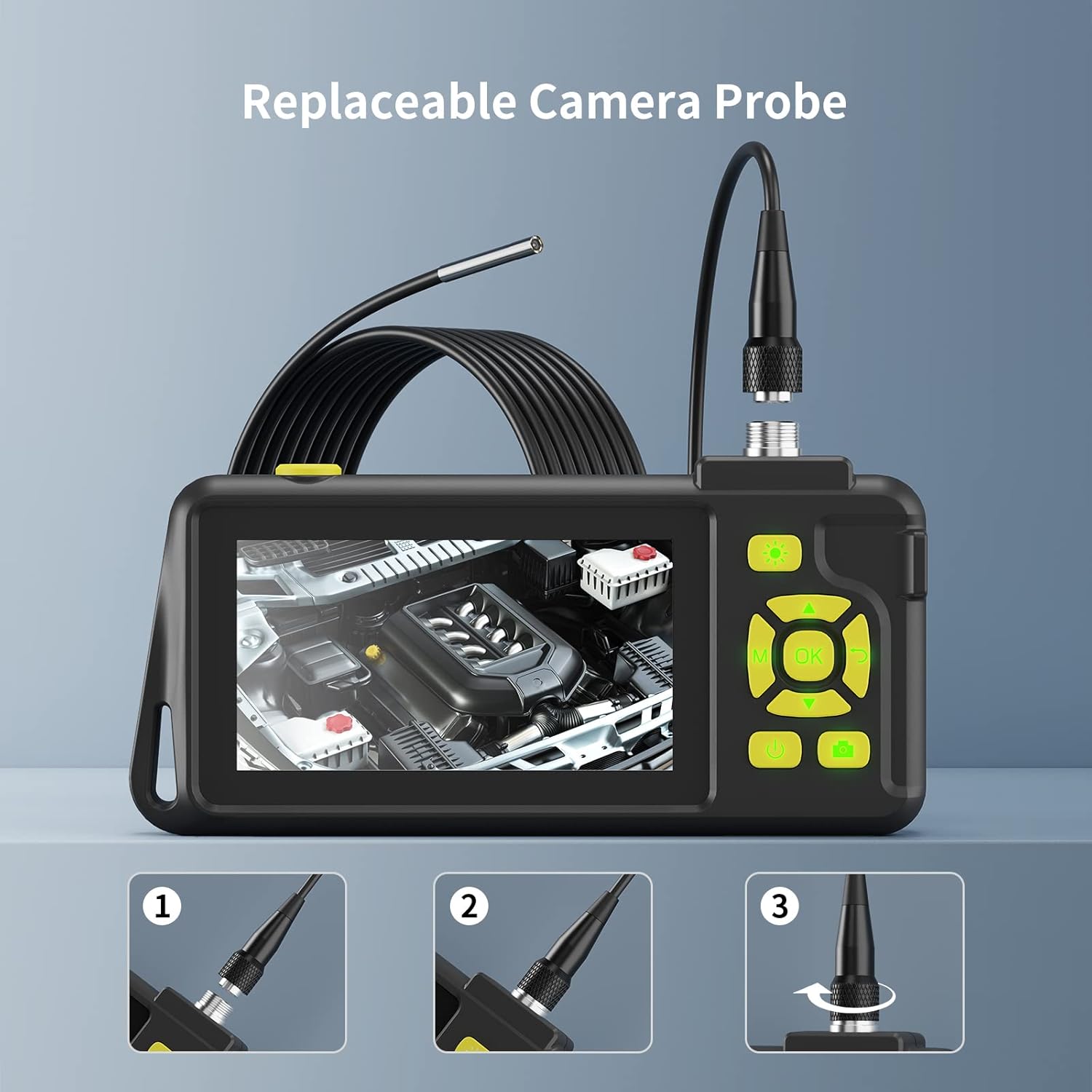 Diagram showing the steps to attach the replaceable camera probe to the endoscope monitor