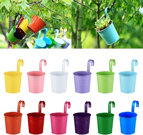 Paquete de 12 macetas colgantes para balcón, barandilla negra, macetas de 6.4 pulgadas con agujeros de drenaje, soporte para plantas colgantes para