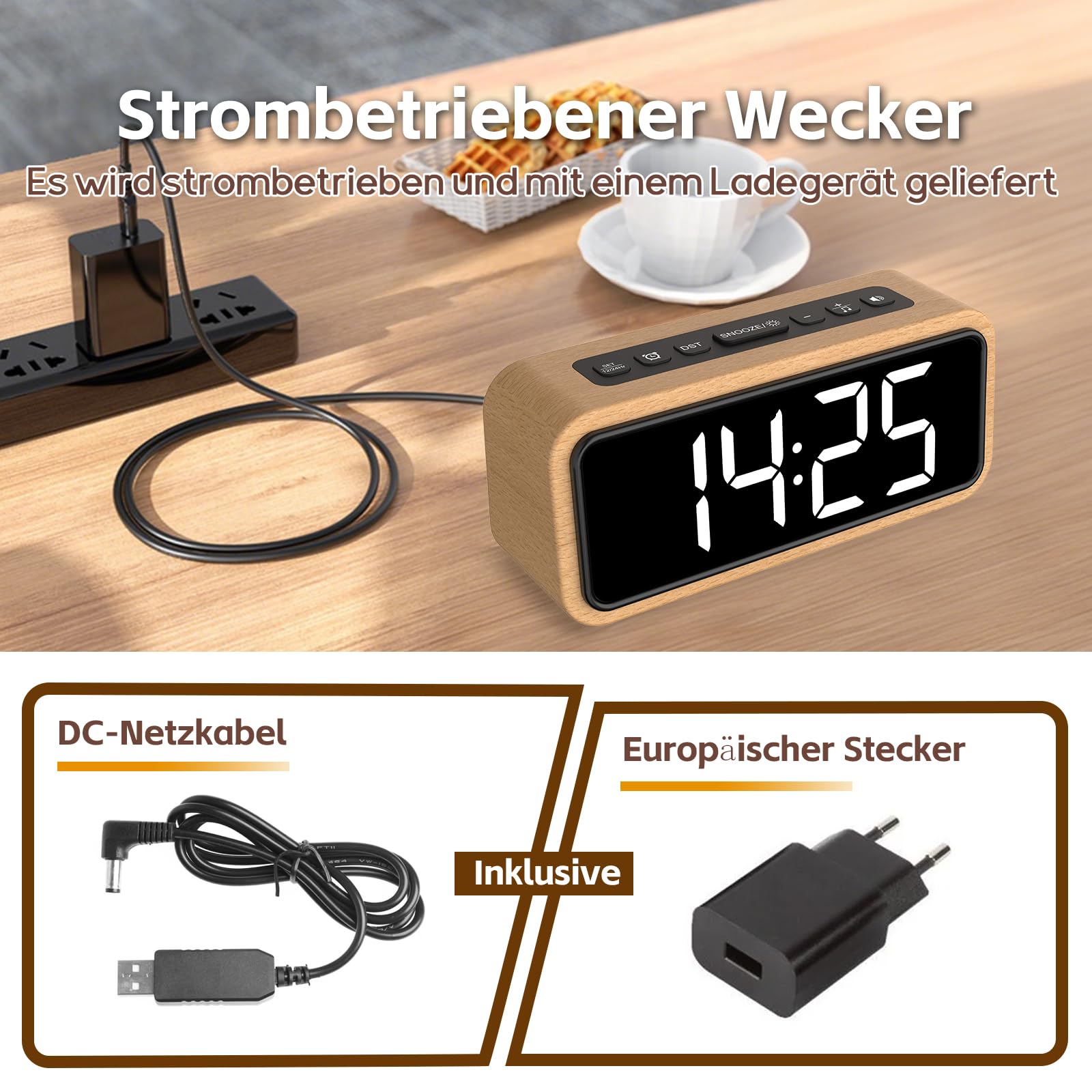 Despertador fuerte para dormir profundo, reloj despertador de madera con pantalla LED, 12 tonos de alarma, 5 niveles de brillo ajustables, 5 volúmenes, DST manual, despertador retro para dormitorio
